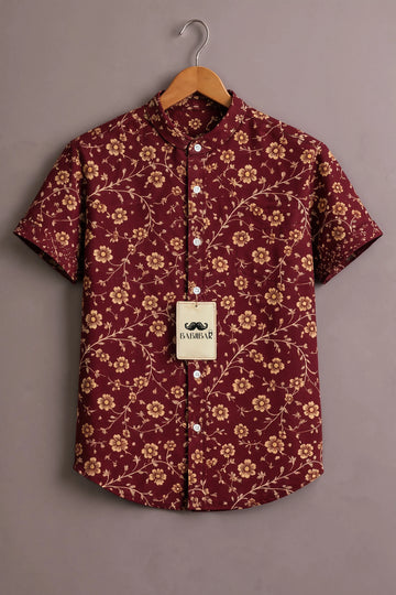 Men’s Maroon Floral Vine Mandarin Collar Shirt