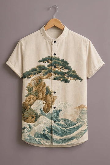 Men's Beige Landscape Printed Shirt