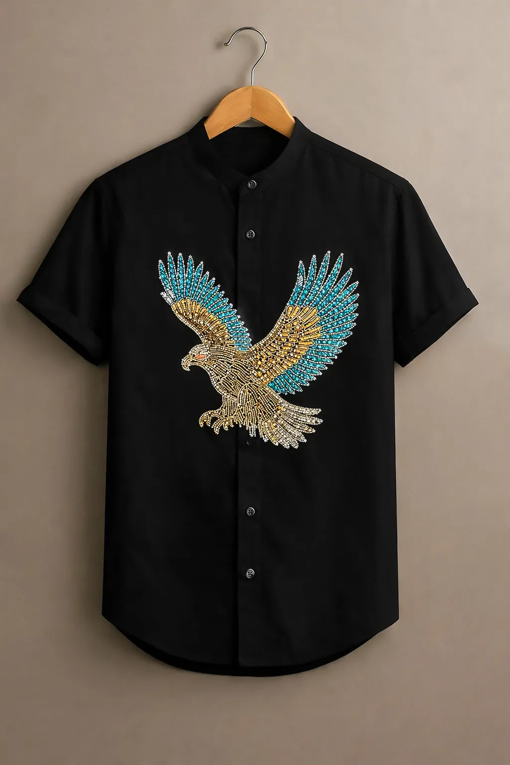 Premium Black Eagle Diamond Work Short Sleeve Shirt