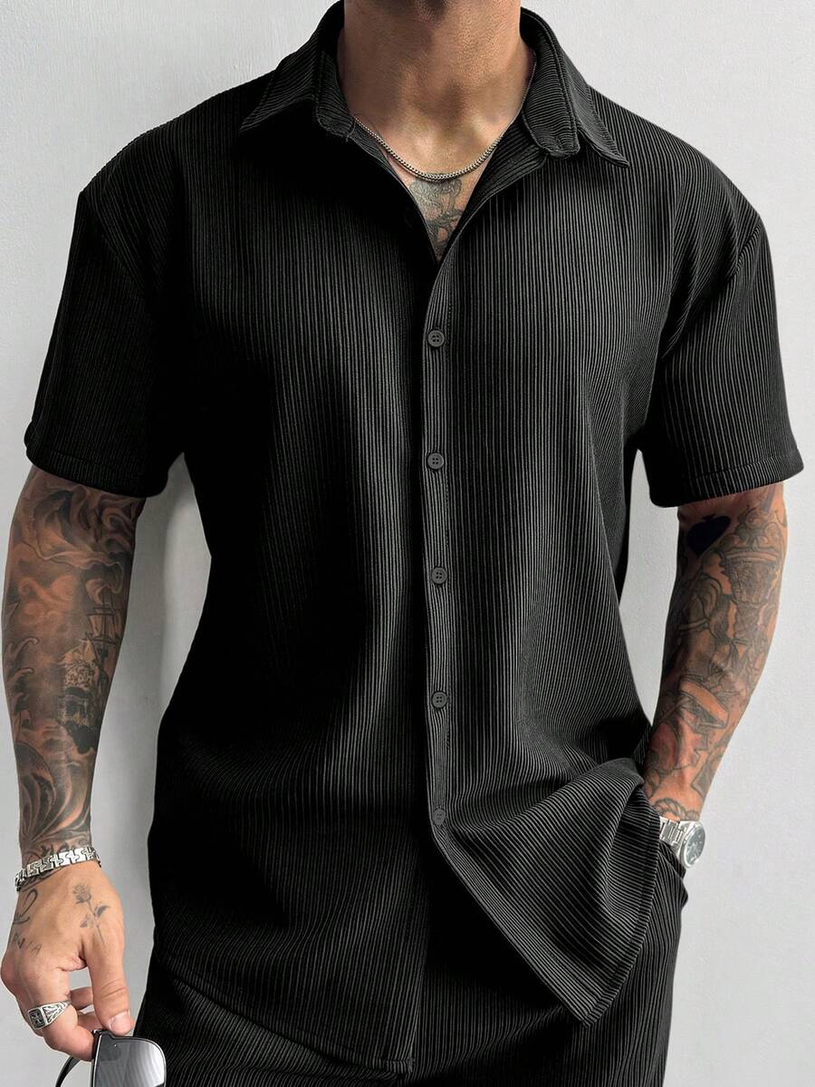 Men’s Ribbed Texture Half Sleeve Shirt – Midnight Black