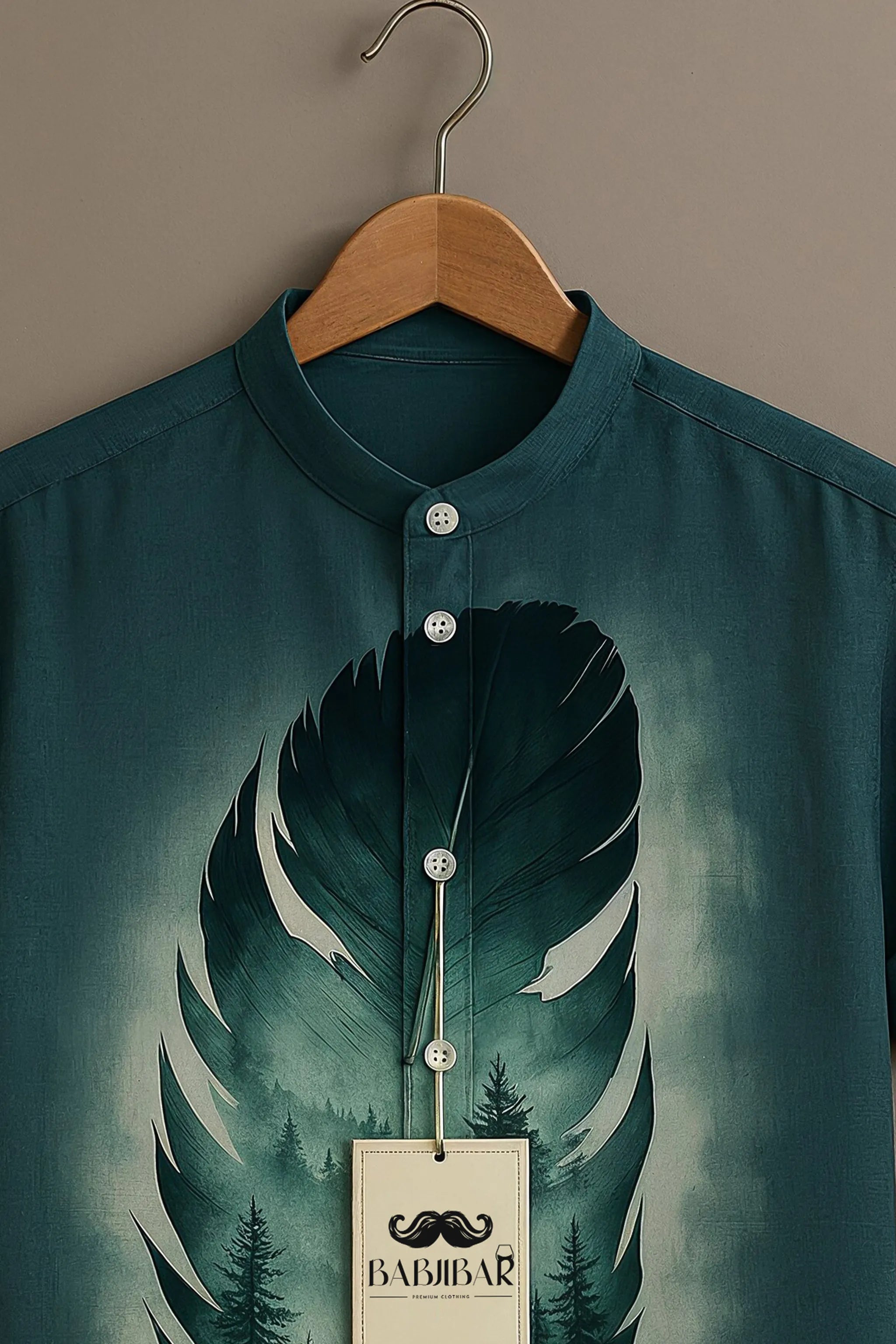 Deep Green Feather Forest Deer Printed Short Sleeve Shirt