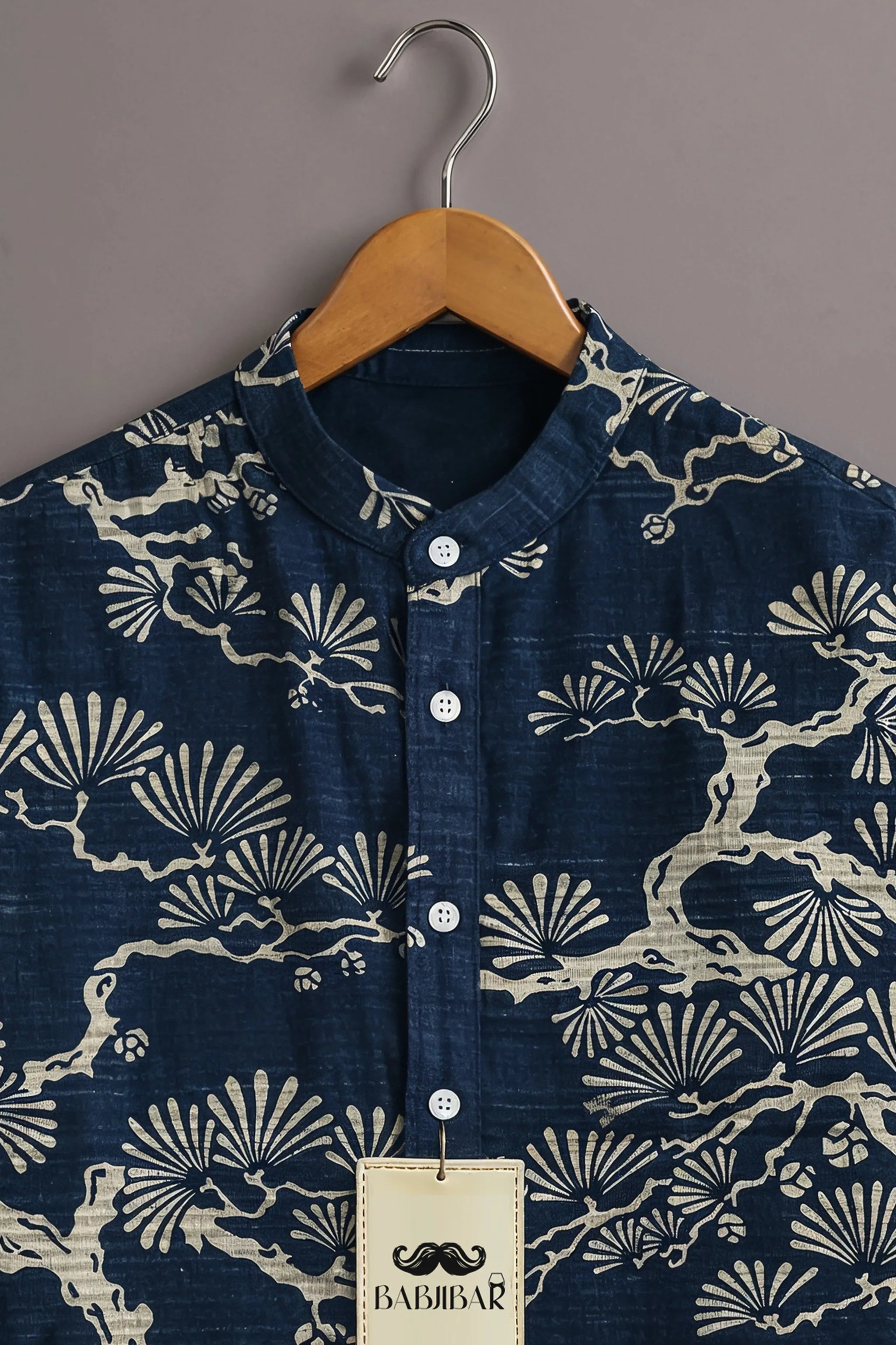 Men’s Navy Heritage Pine Print Mandarin Collar Shirt