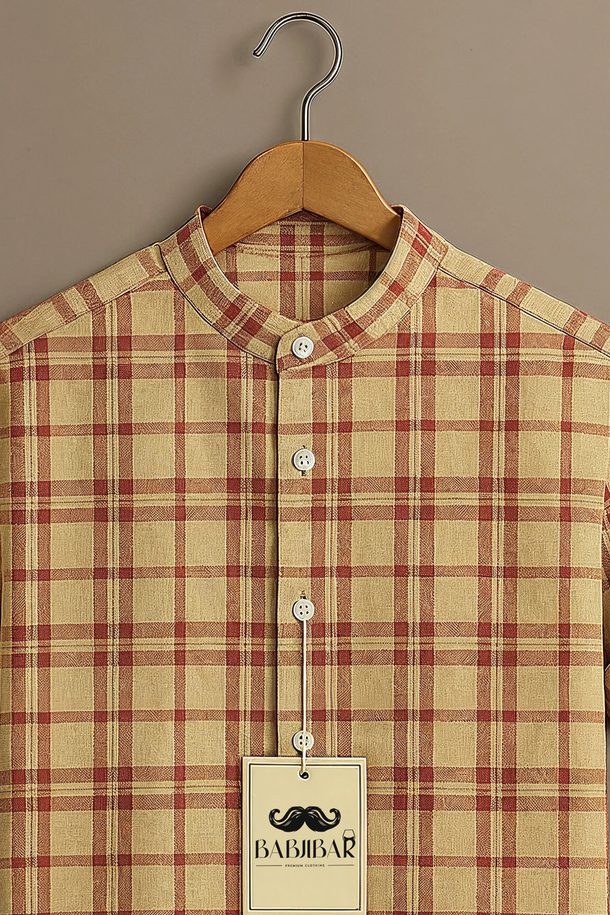 Beige Red Checkered Short Sleeve Shirt