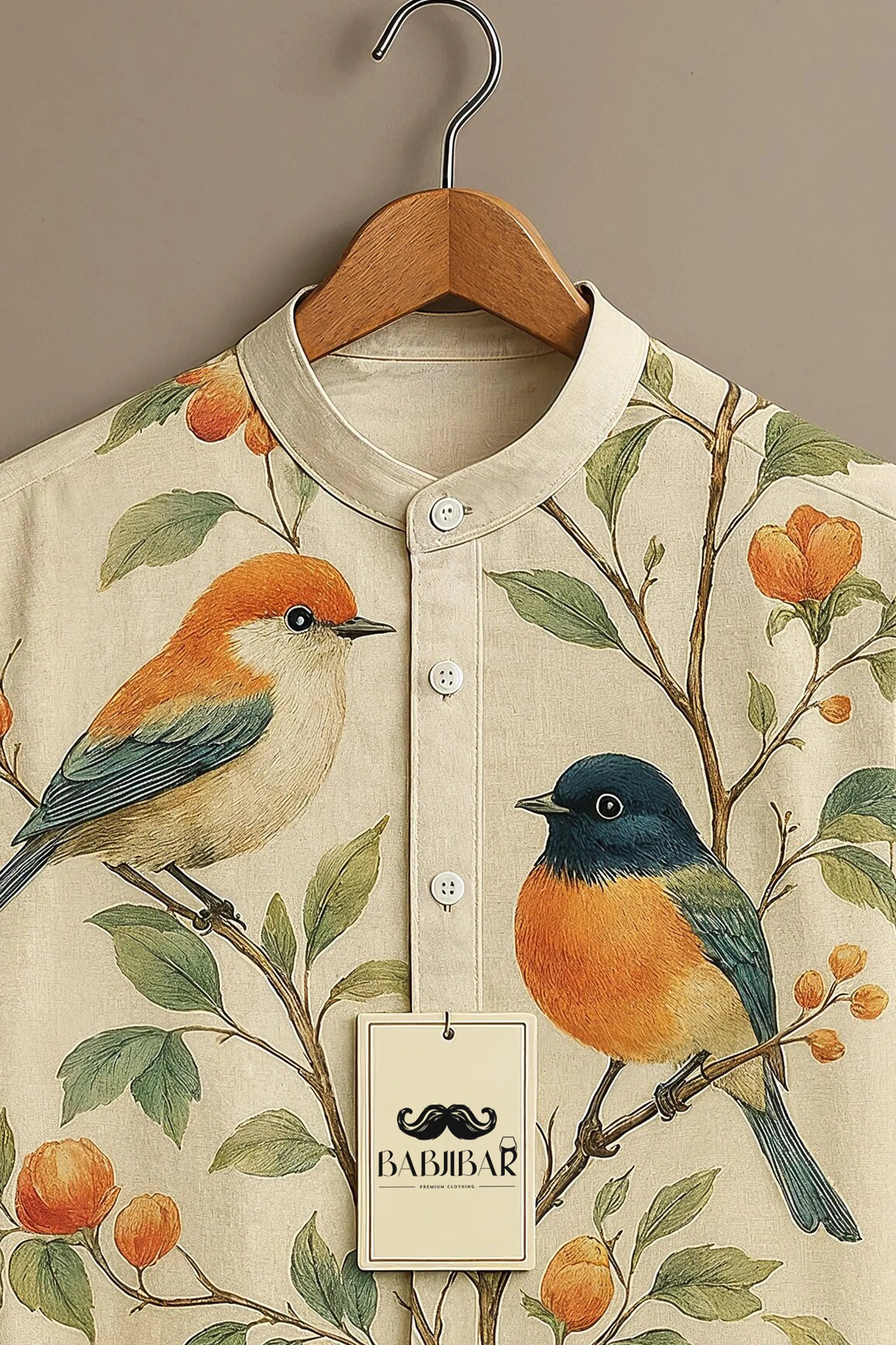 Cream Botanical Birds Printed Short Sleeve Shirt