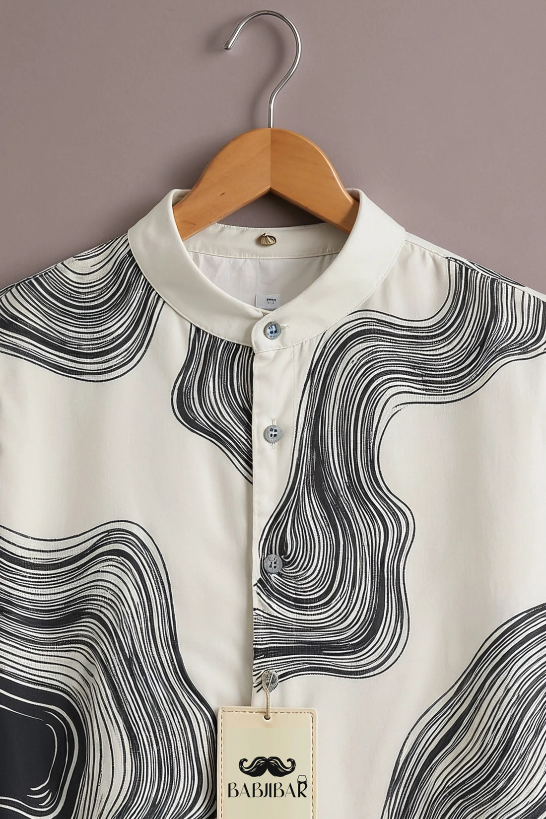 Men’s White Abstract Contour Print Mandarin Collar Shirt