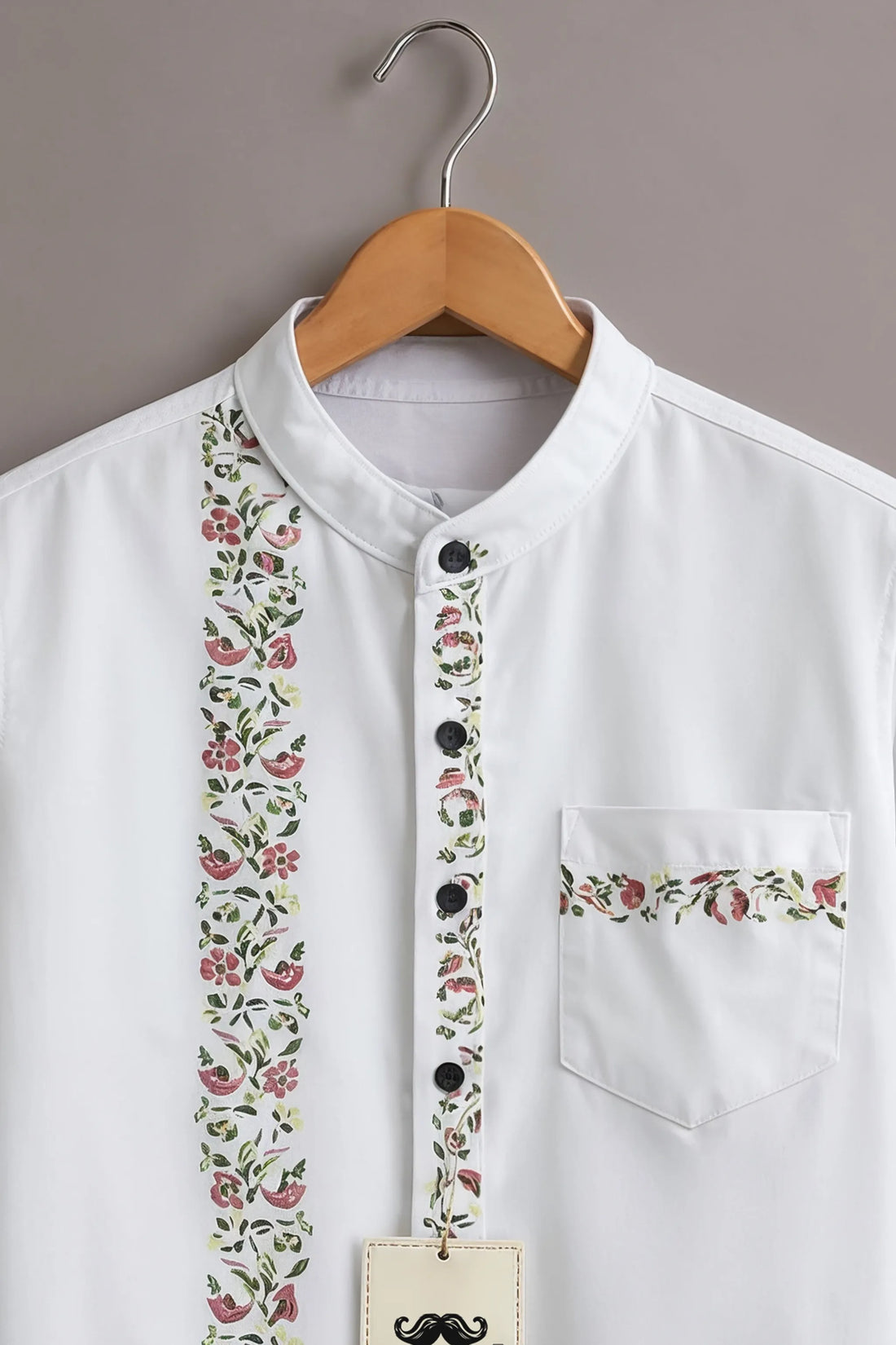 Men’s White Floral Border Mandarin Collar Shirt