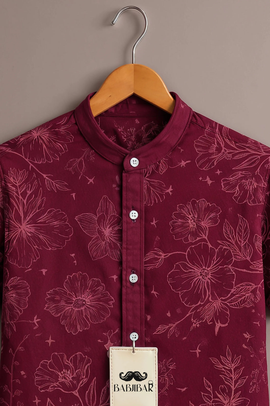 Men’s Wine Floral Print Mandarin Collar Shirt