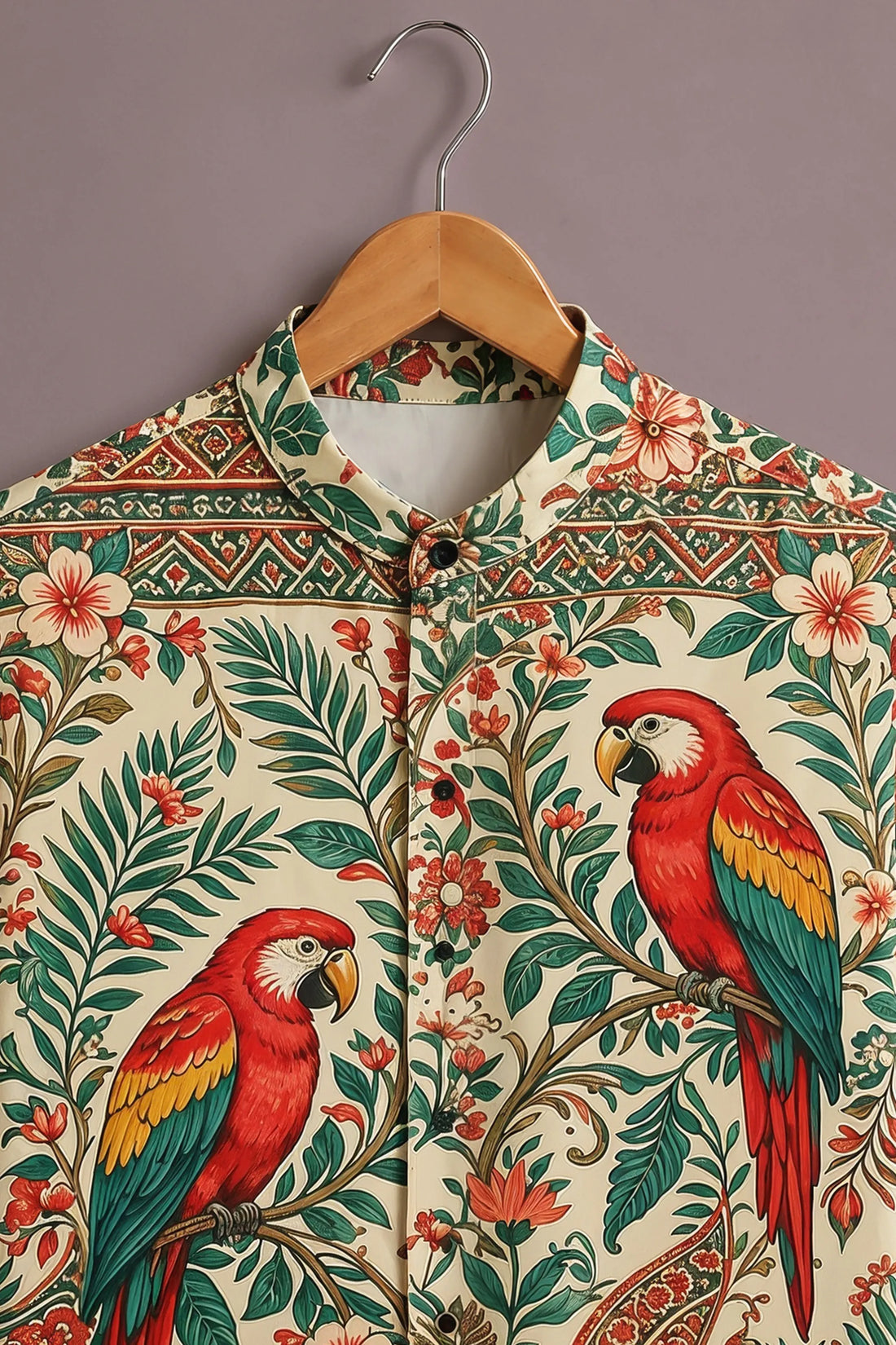 Men's Cream Tropical Parrot Printed Shirt