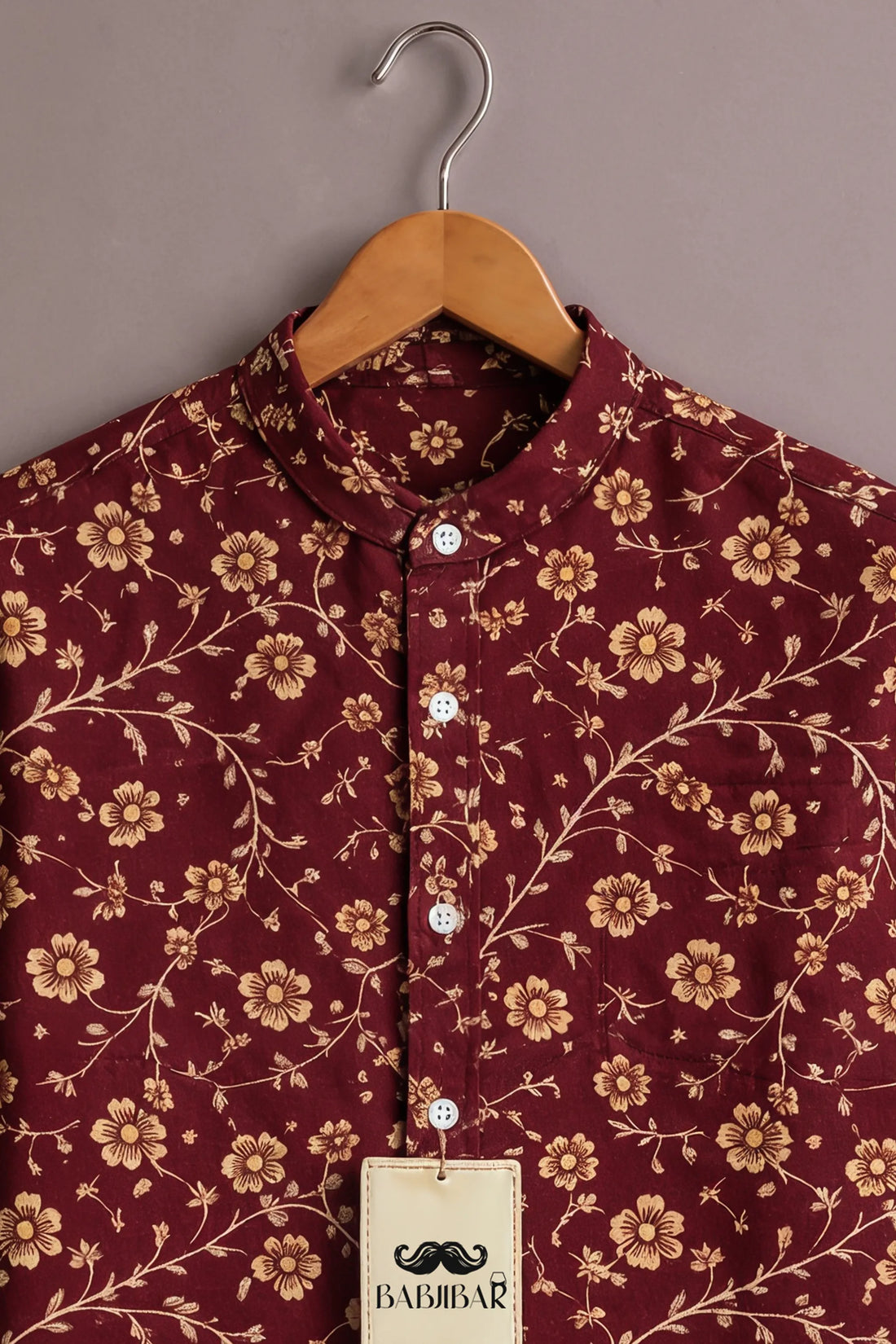 Men’s Maroon Floral Vine Mandarin Collar Shirt