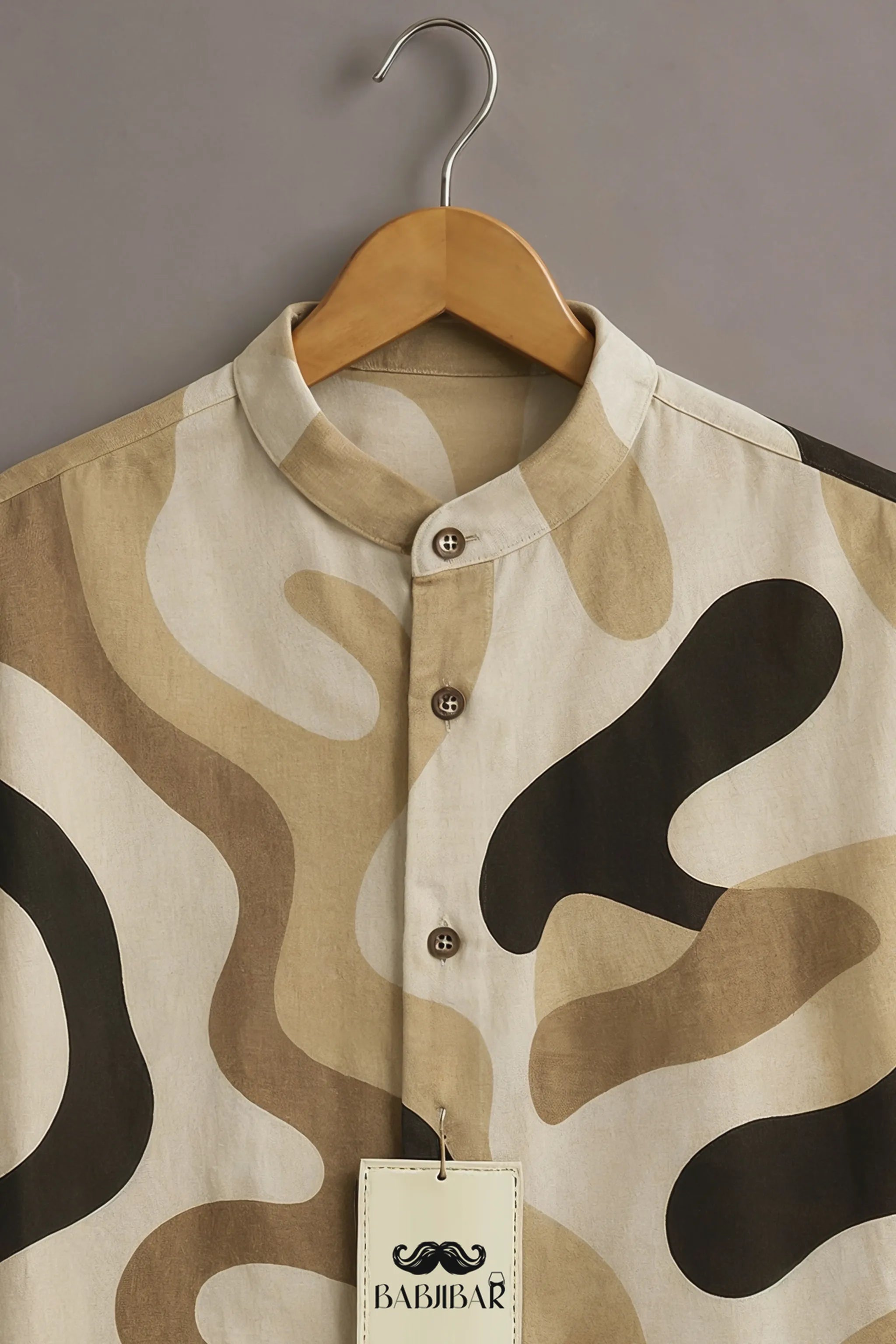 Men’s Abstract Wave Print Mandarin Collar Shirt