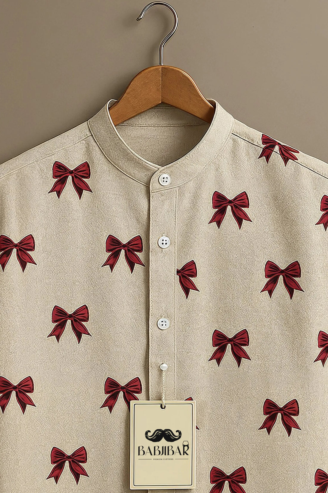Beige Red Bow All-Over Print Short Sleeve Shirt