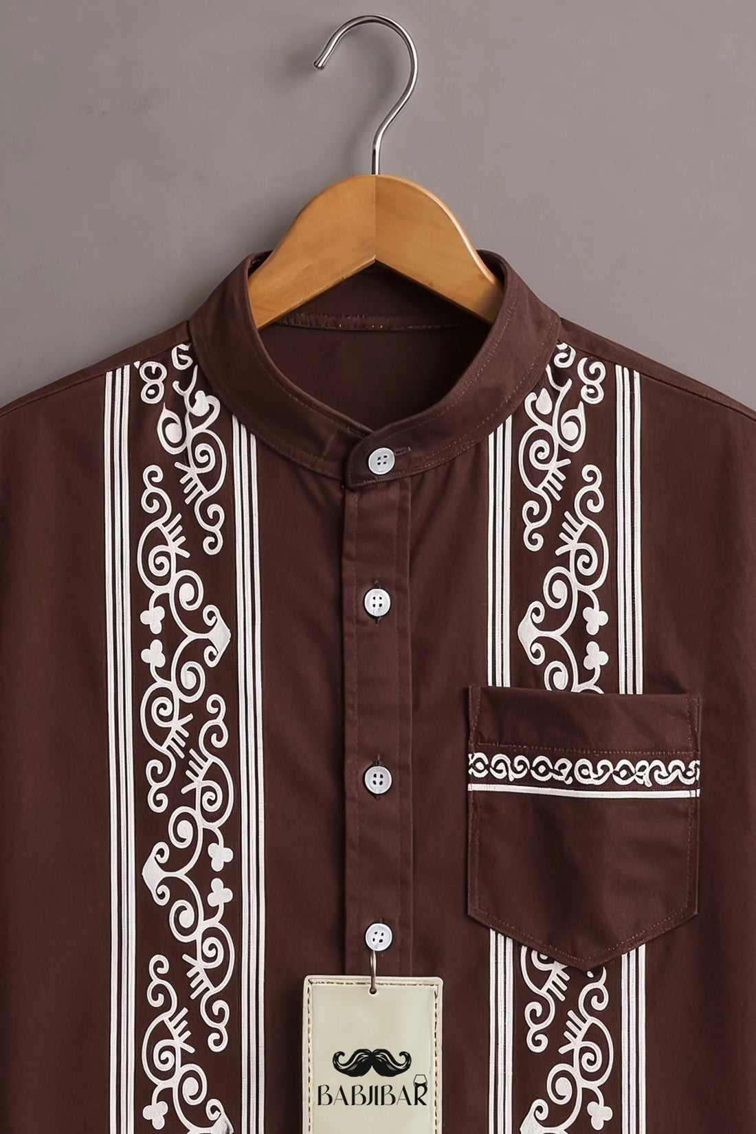 Men’s Brown Tribal Stripe Mandarin Collar Shirt
