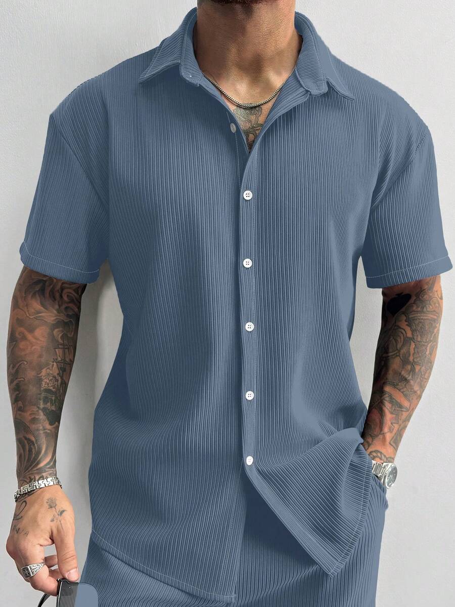 Men’s Ribbed Texture Half Sleeve Shirt – Ocean Blue