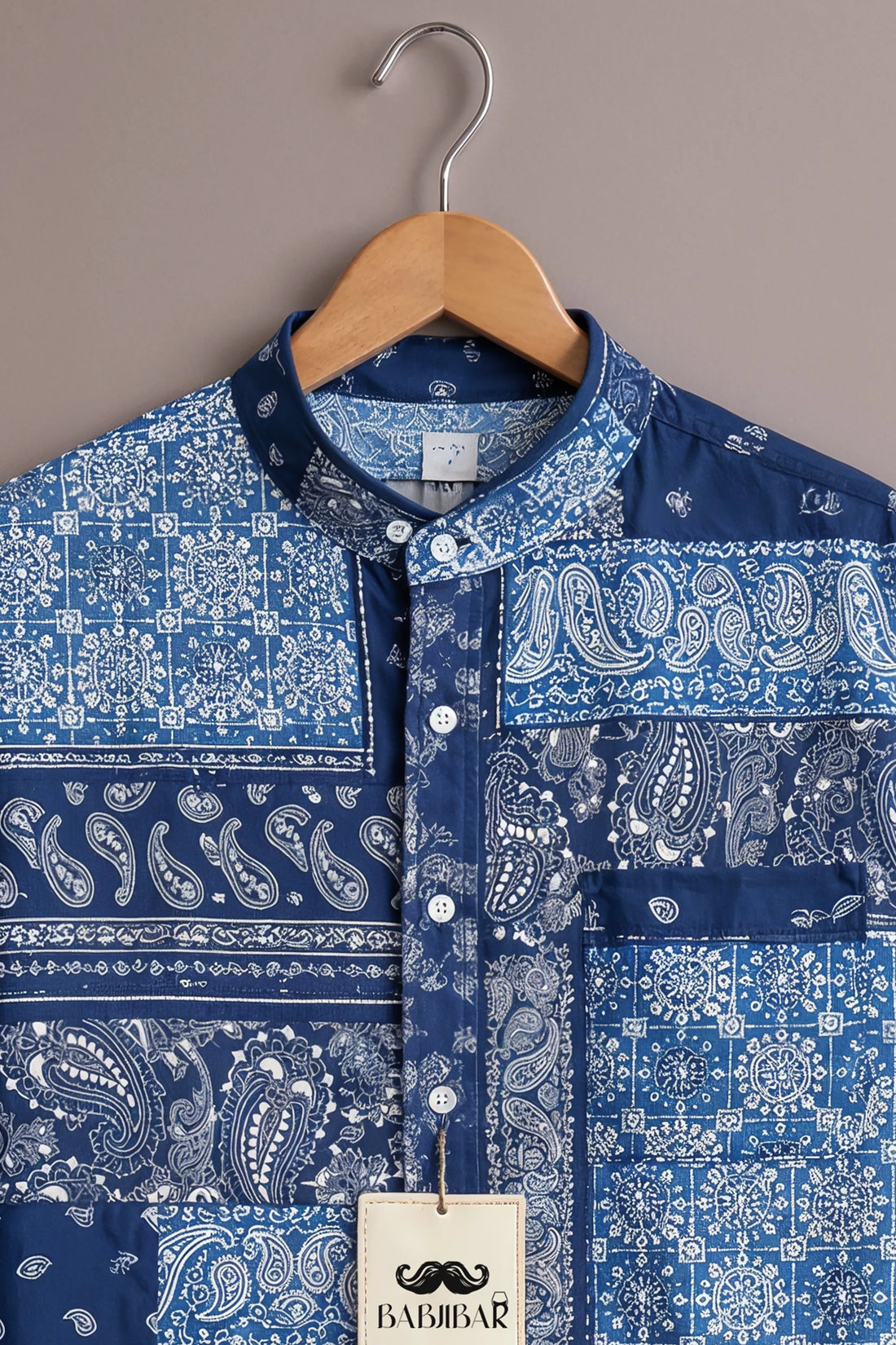 Men’s Navy Patchwork Bandana Print Mandarin Collar Shirt
