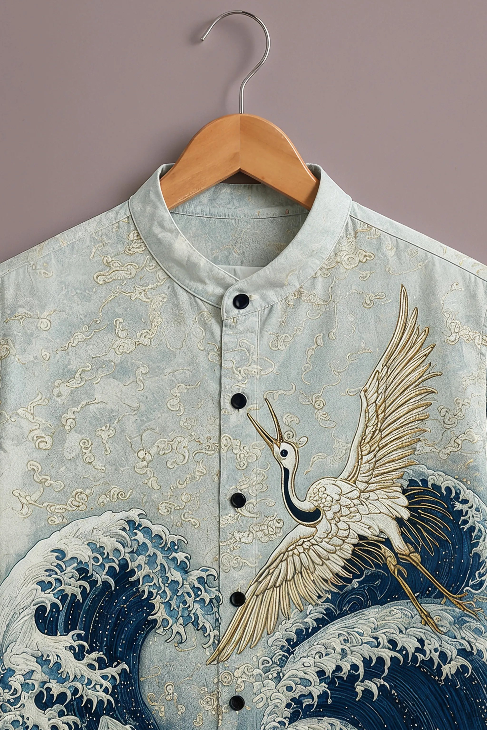 Men's Blue Japanese Wave & Crane Printed Shirt