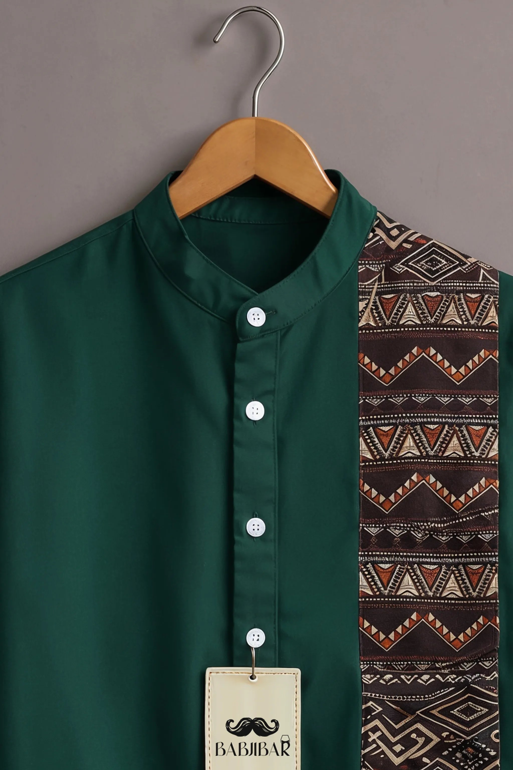 Men’s Deep Green Tribal Panel Mandarin Collar Shirt