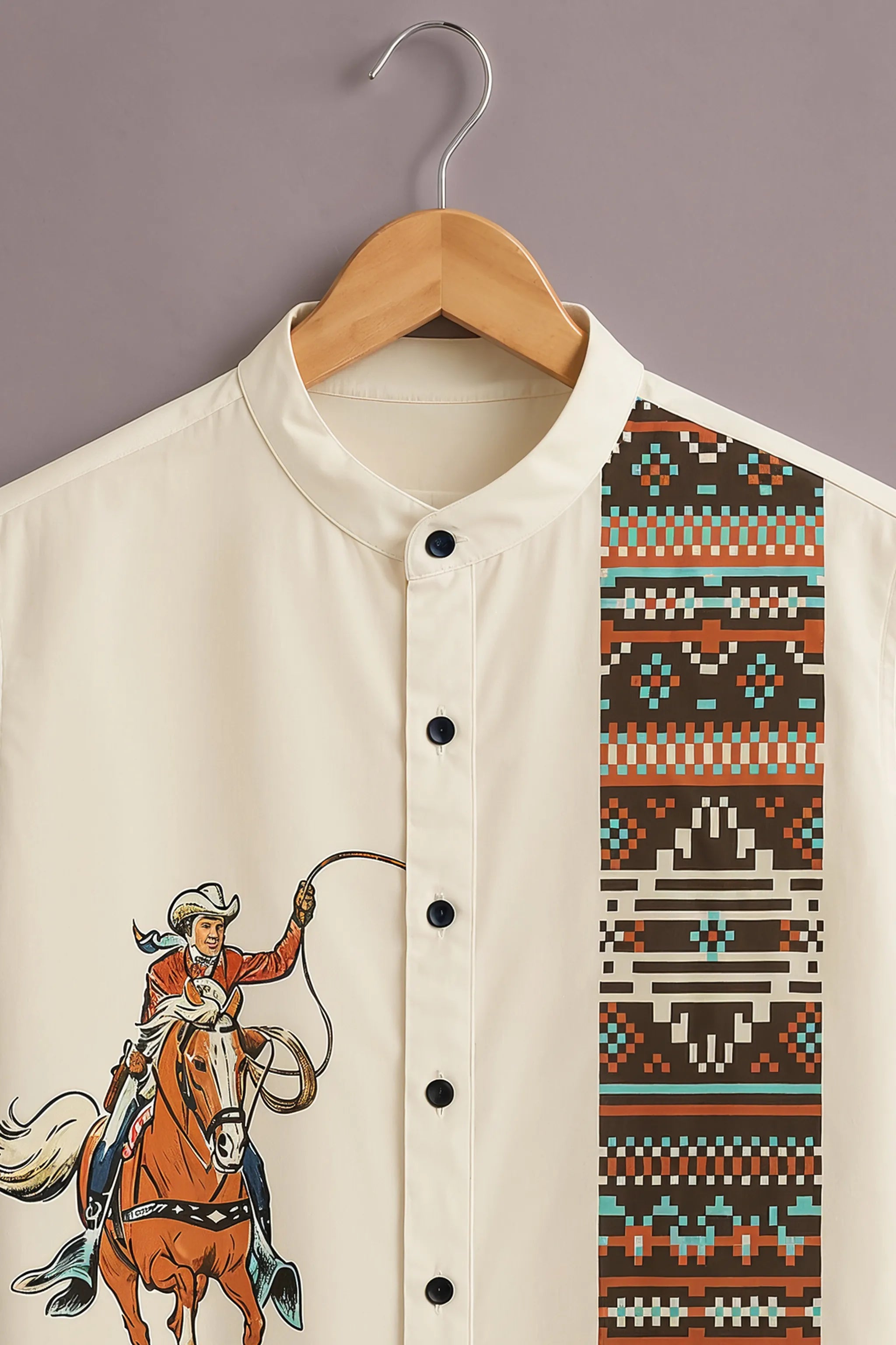 Men's Cream Cowboy Rider Printed Shirt