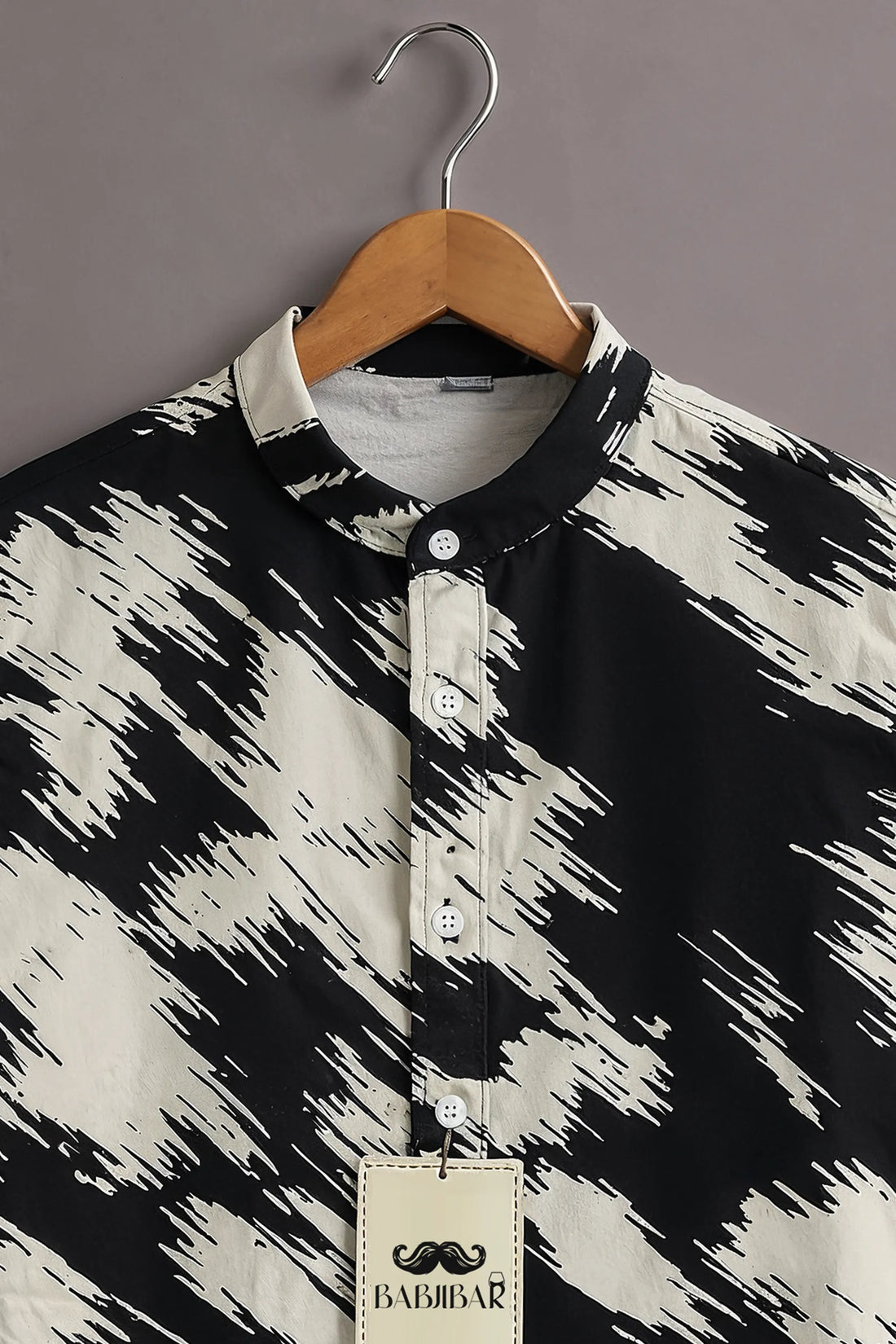 Men’s Black Abstract Brush Print Mandarin Collar Shirt