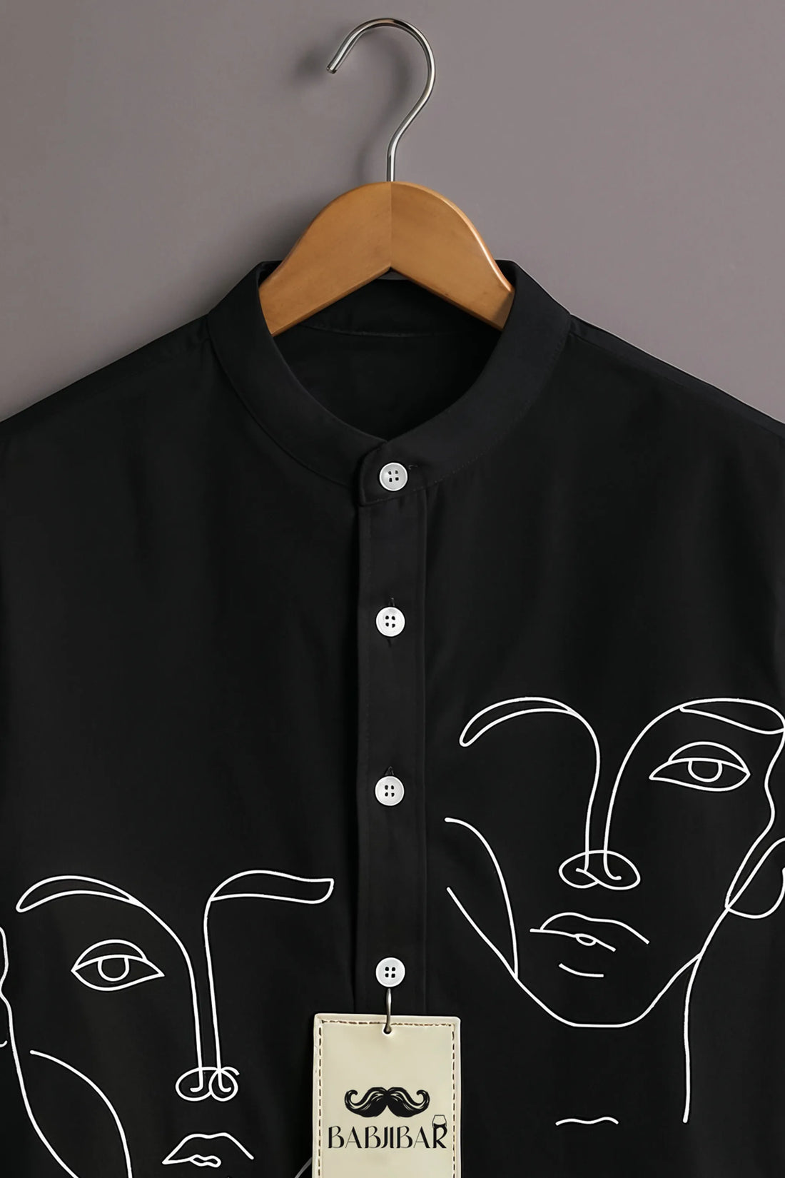 Men’s Black Abstract Face Line Art Mandarin Collar Shirt