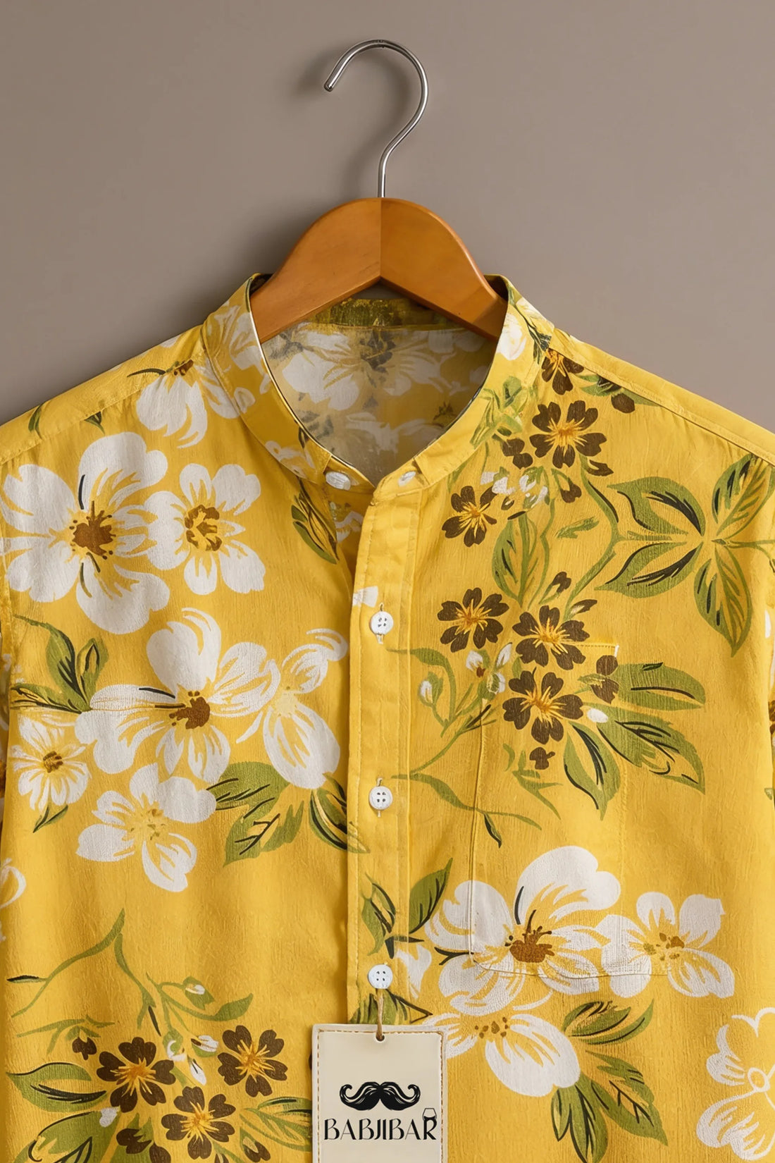 Men’s Yellow Floral Print Mandarin Collar Shirt