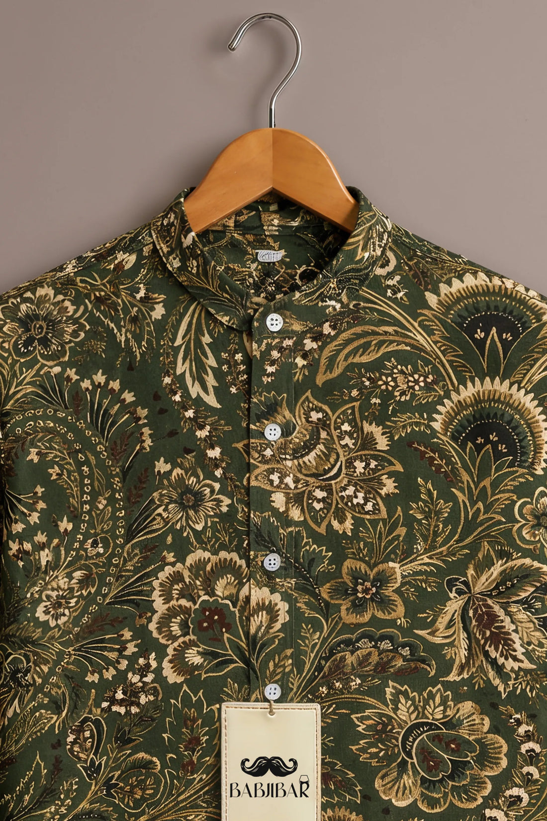 Men’s Olive Heritage Floral Mandarin Collar Shirt