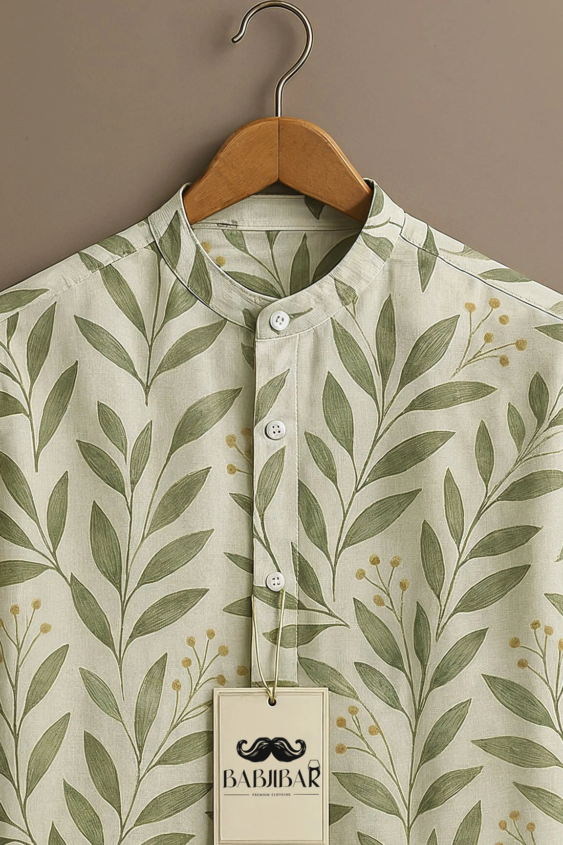 Cream Green Leaf Botanical Printed Short Sleeve Shirt