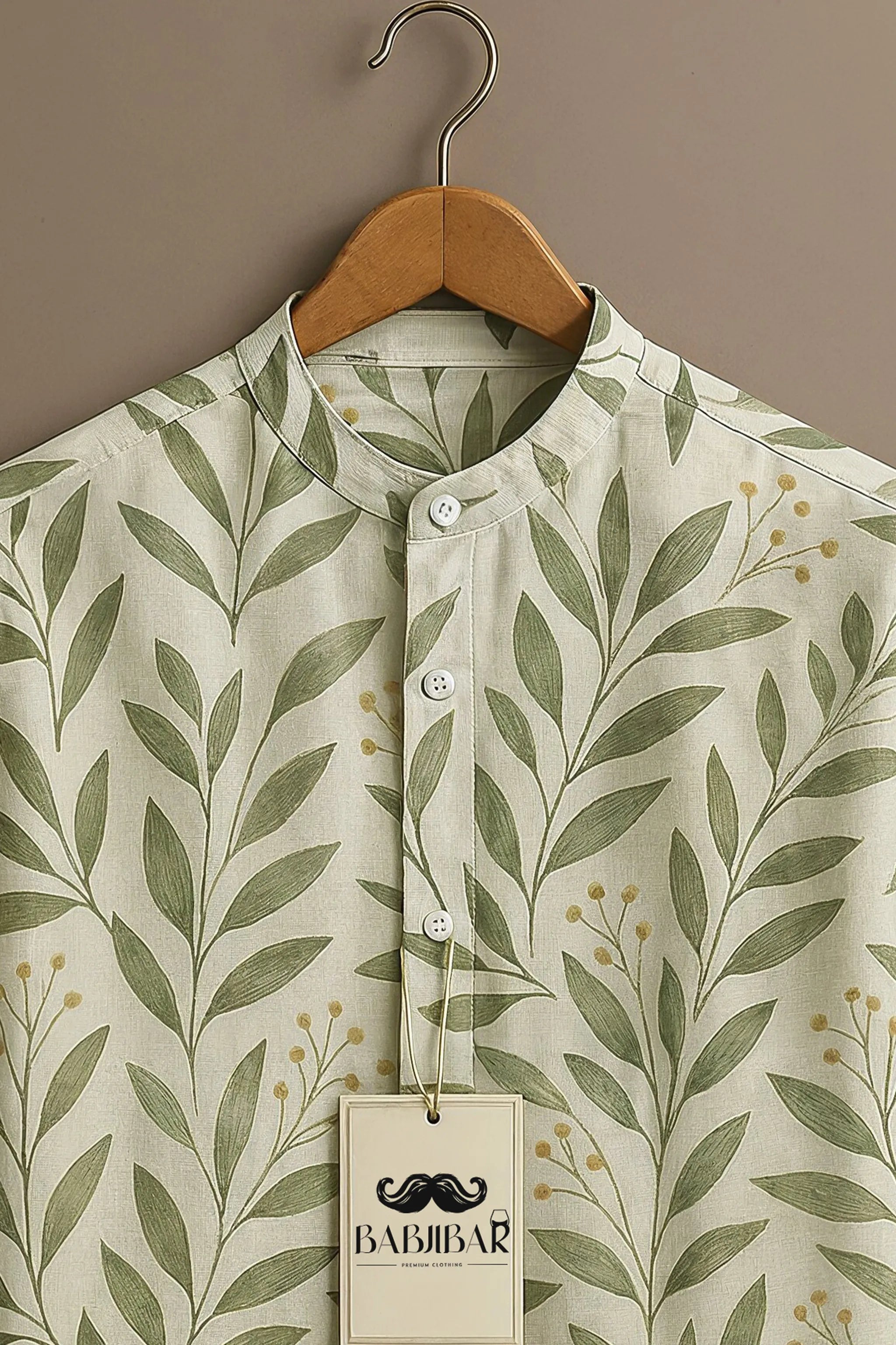 Cream Green Leaf Botanical Printed Short Sleeve Shirt