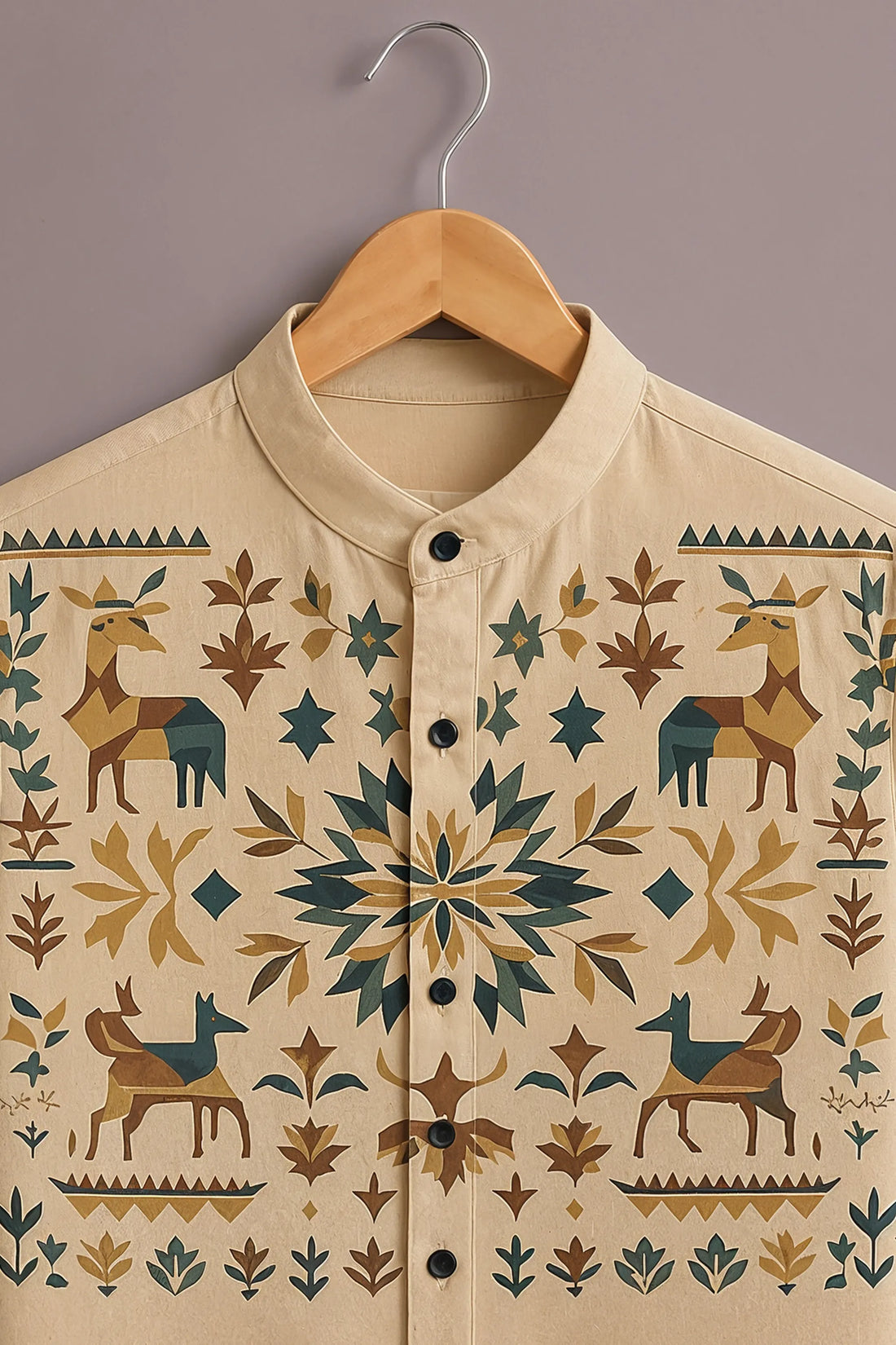Men's Beige Deer Folk Art Printed Shirt