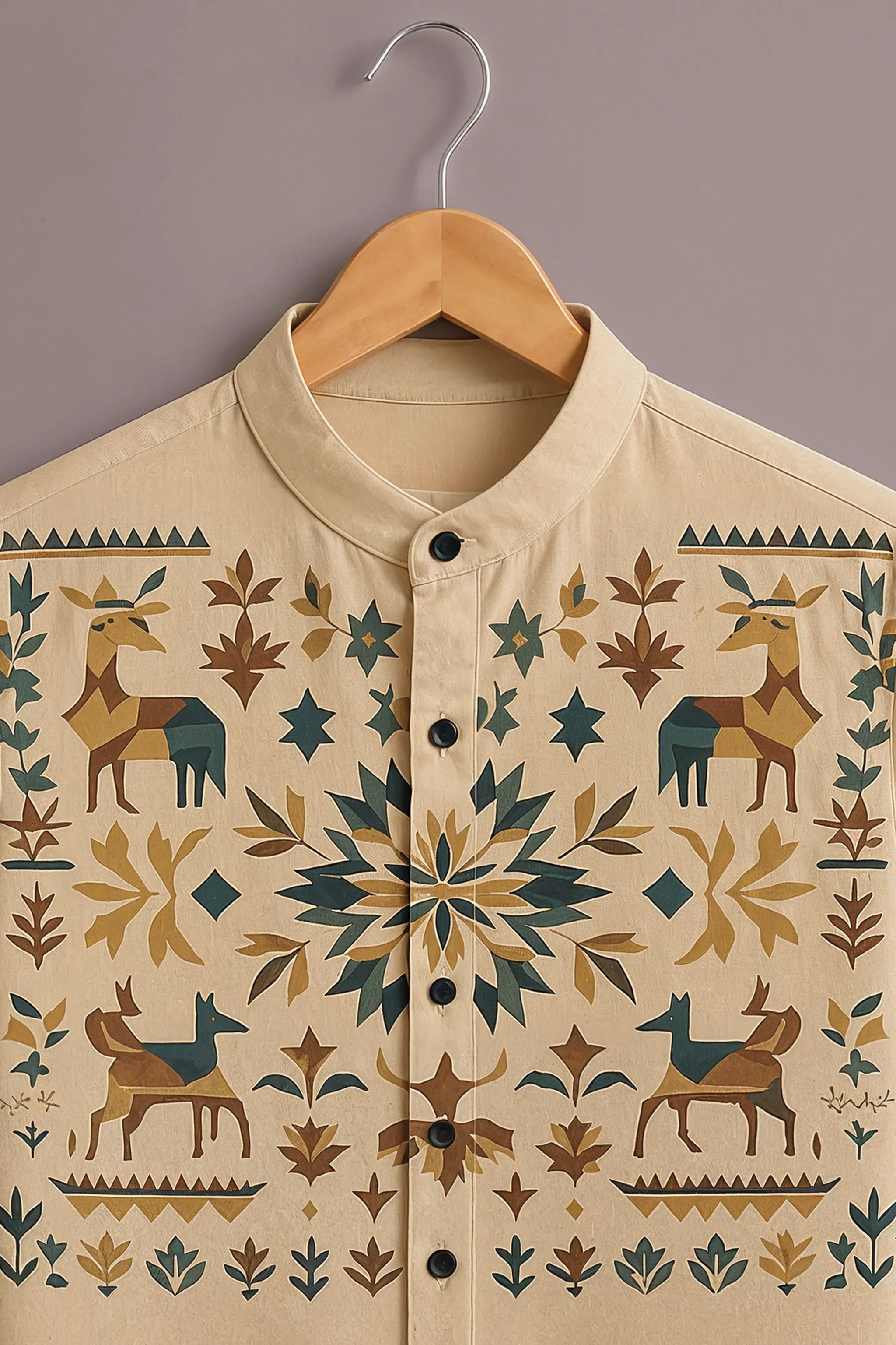 Men's Beige Deer Folk Art Printed Shirt