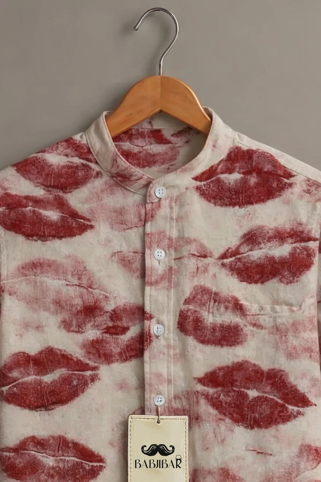 Men’s Cream Lip Print Mandarin Collar Shirt