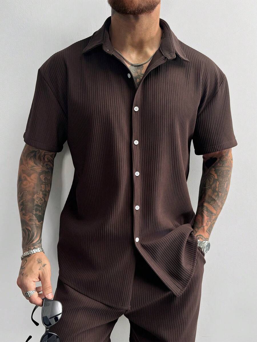 Men’s Ribbed Texture Half Sleeve Shirt – Mocha Brown