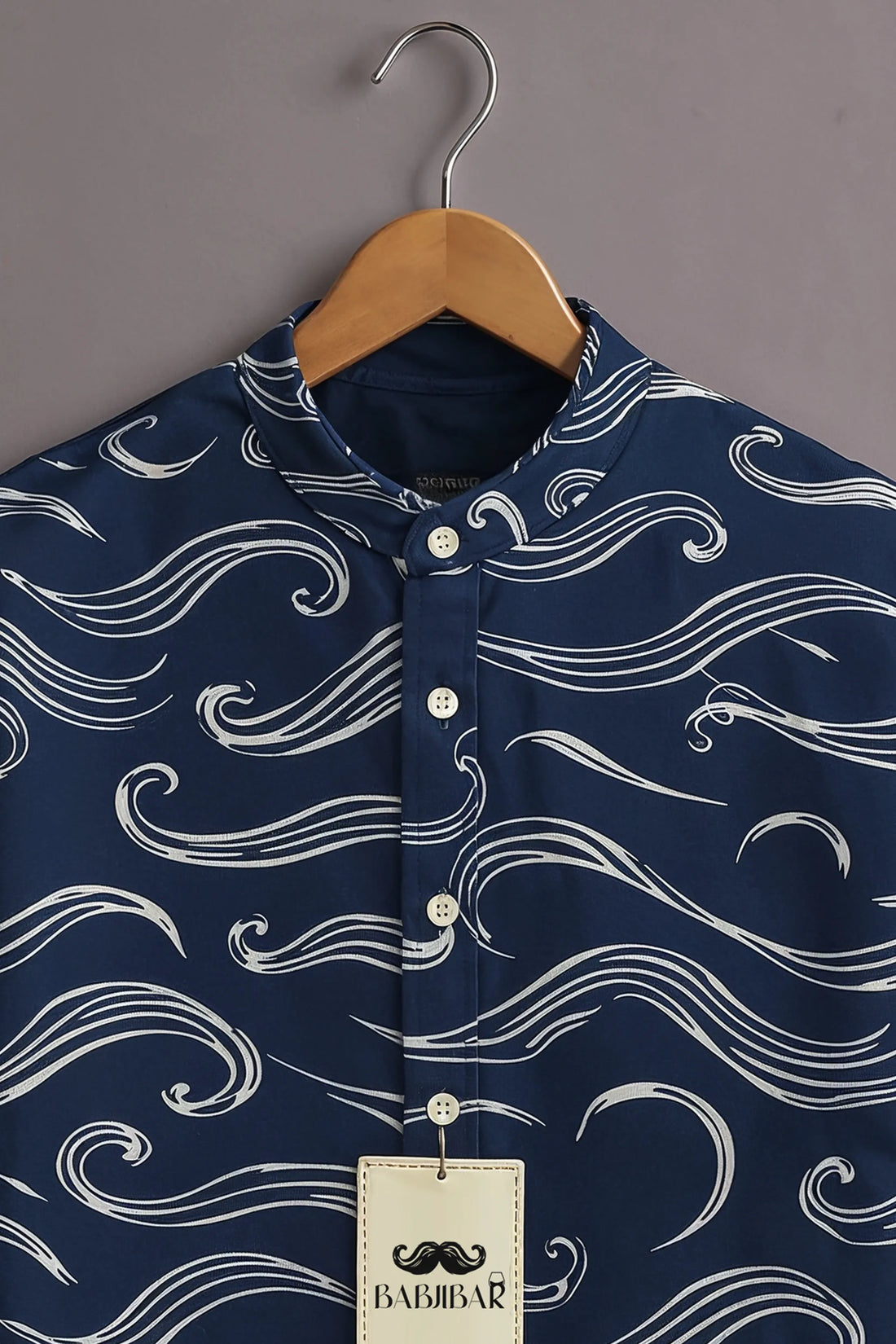 Men’s Navy Wave Print Mandarin Collar Shirt