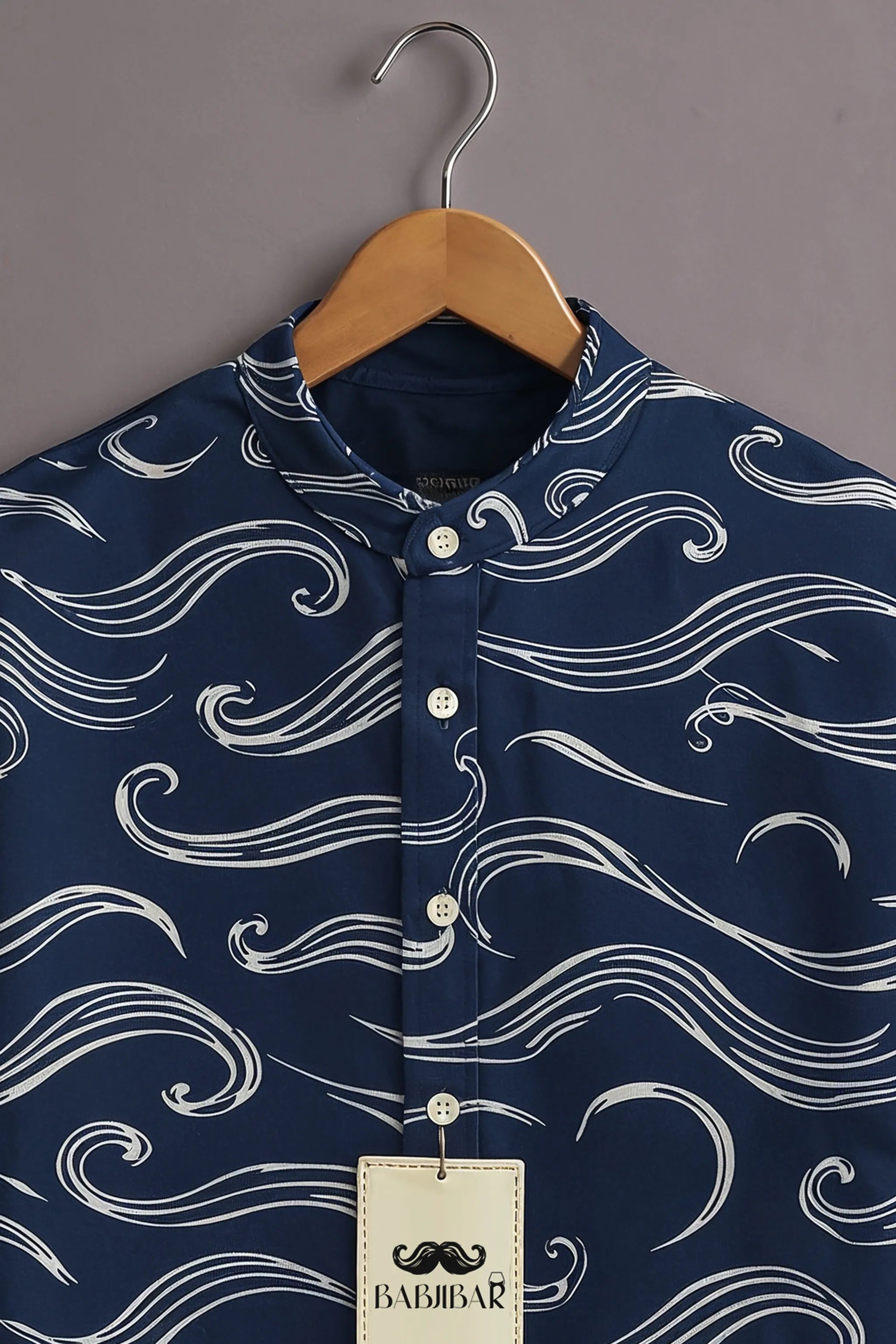 Men’s Navy Wave Print Mandarin Collar Shirt