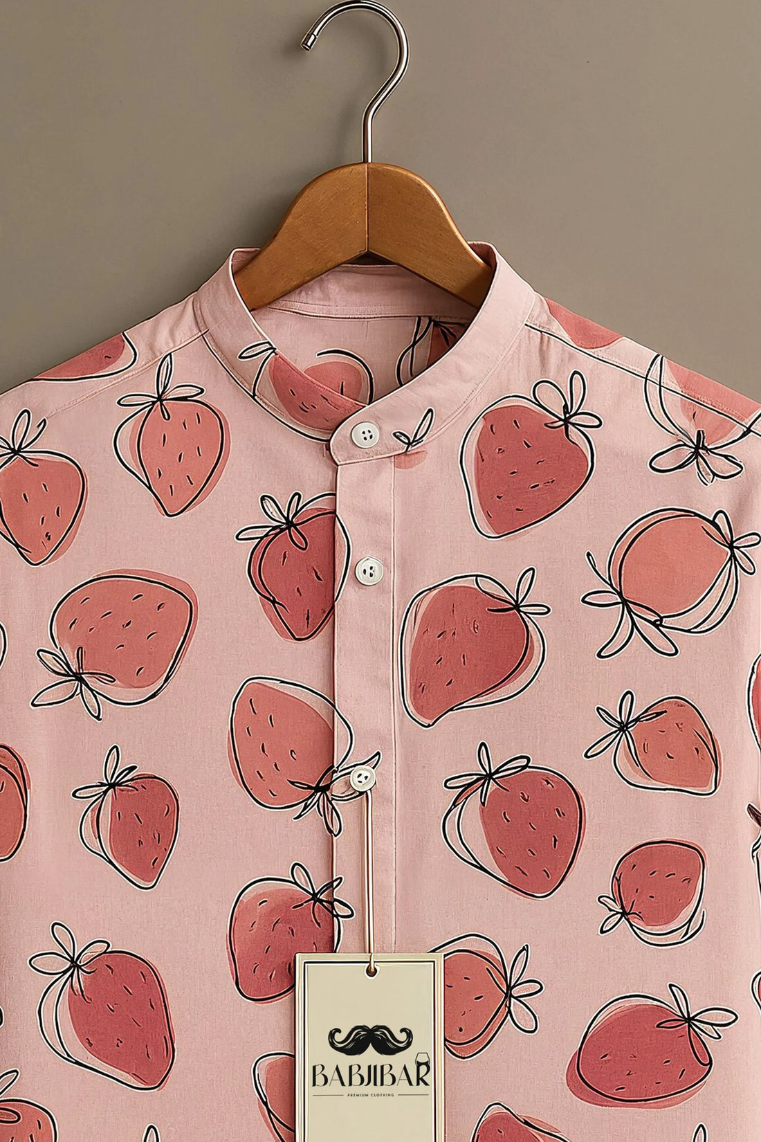 Pink Strawberry Sketch Print Short Sleeve Shirt