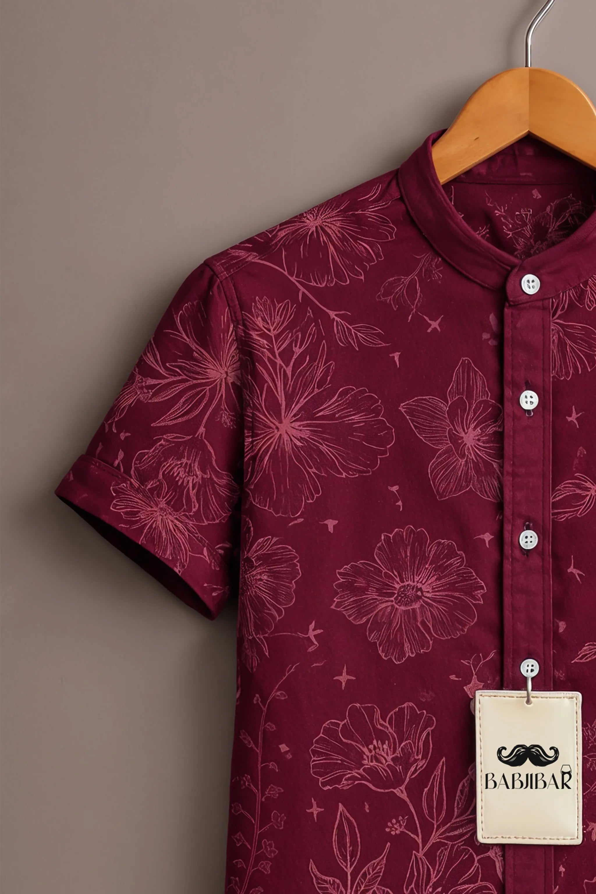 Men’s Wine Floral Print Mandarin Collar Shirt