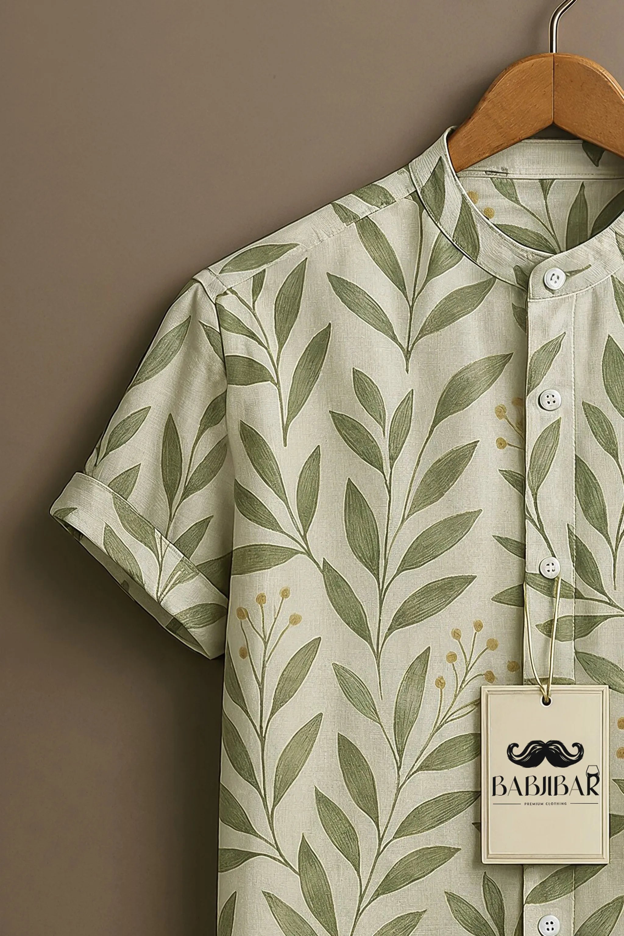 Cream Green Leaf Botanical Printed Short Sleeve Shirt