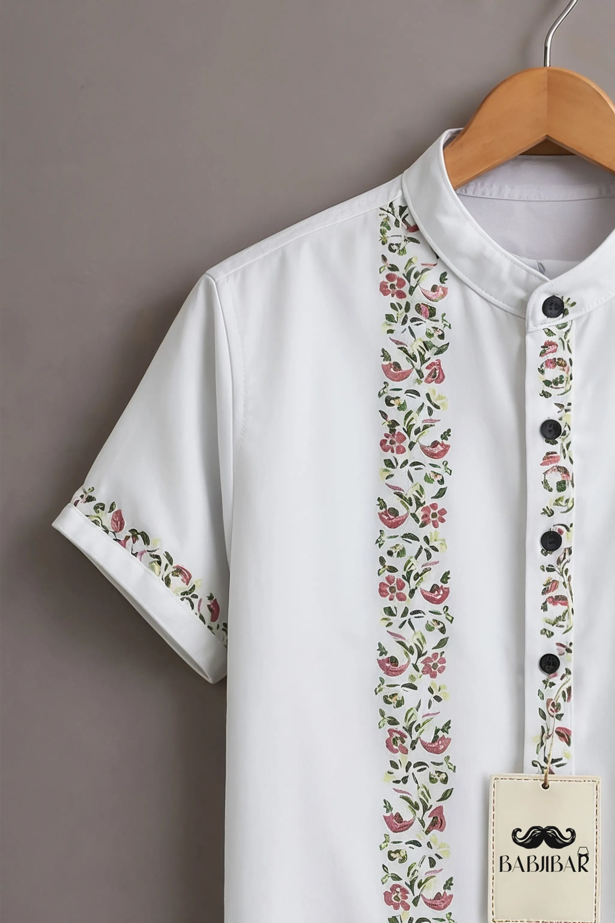 Men’s White Floral Border Mandarin Collar Shirt