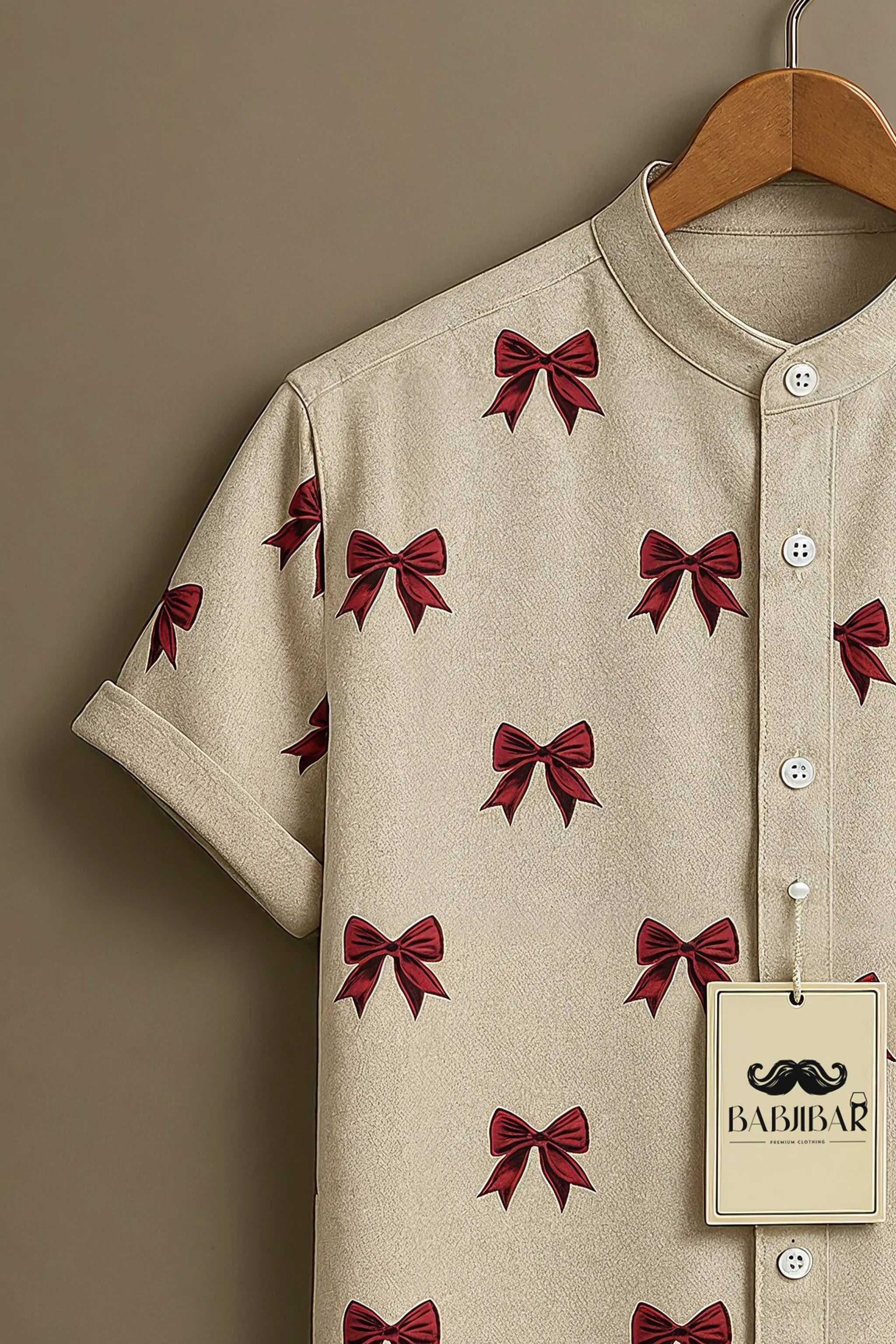 Beige Red Bow All-Over Print Short Sleeve Shirt