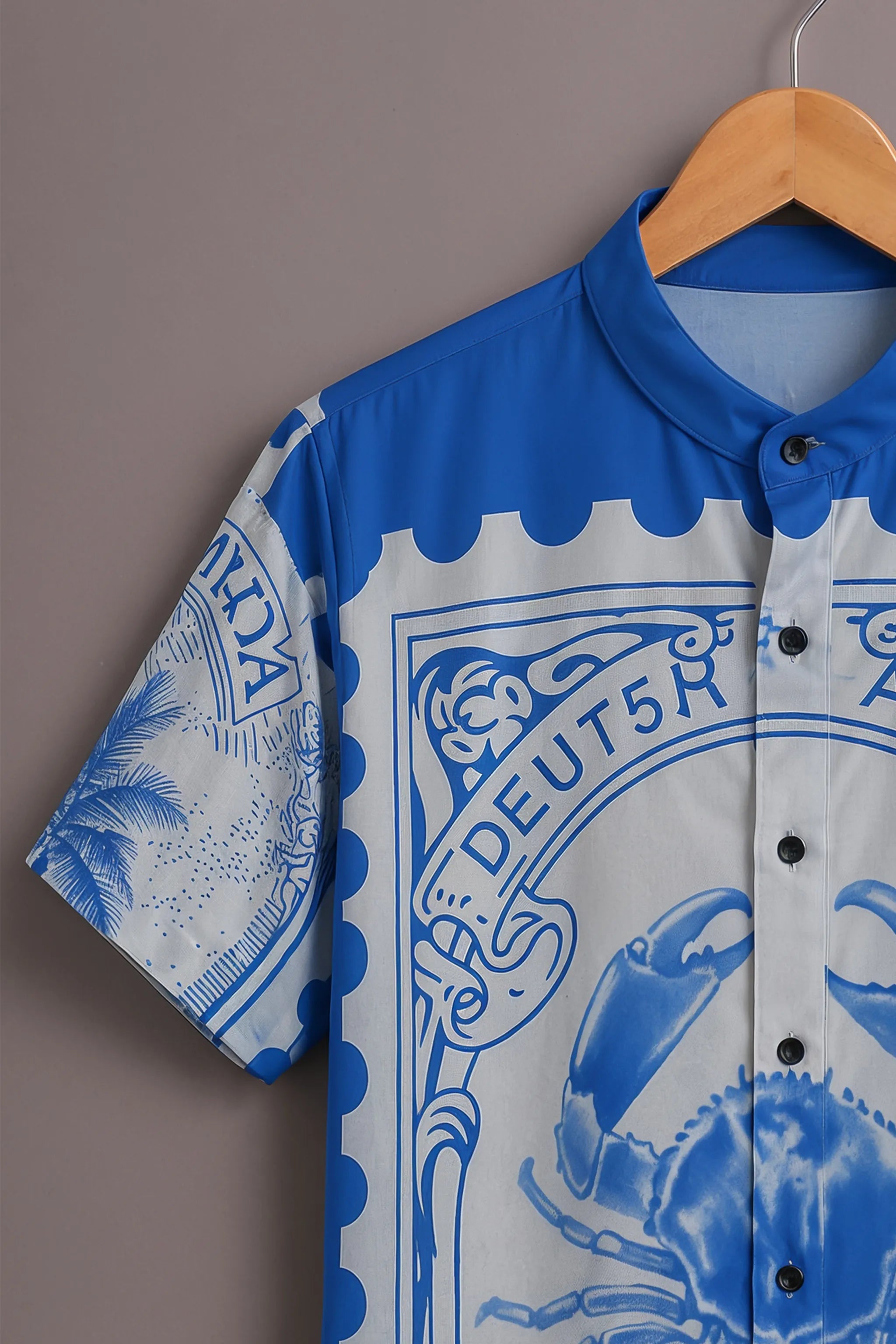 Men's Blue Vintage Crab Stamp Printed Shirt