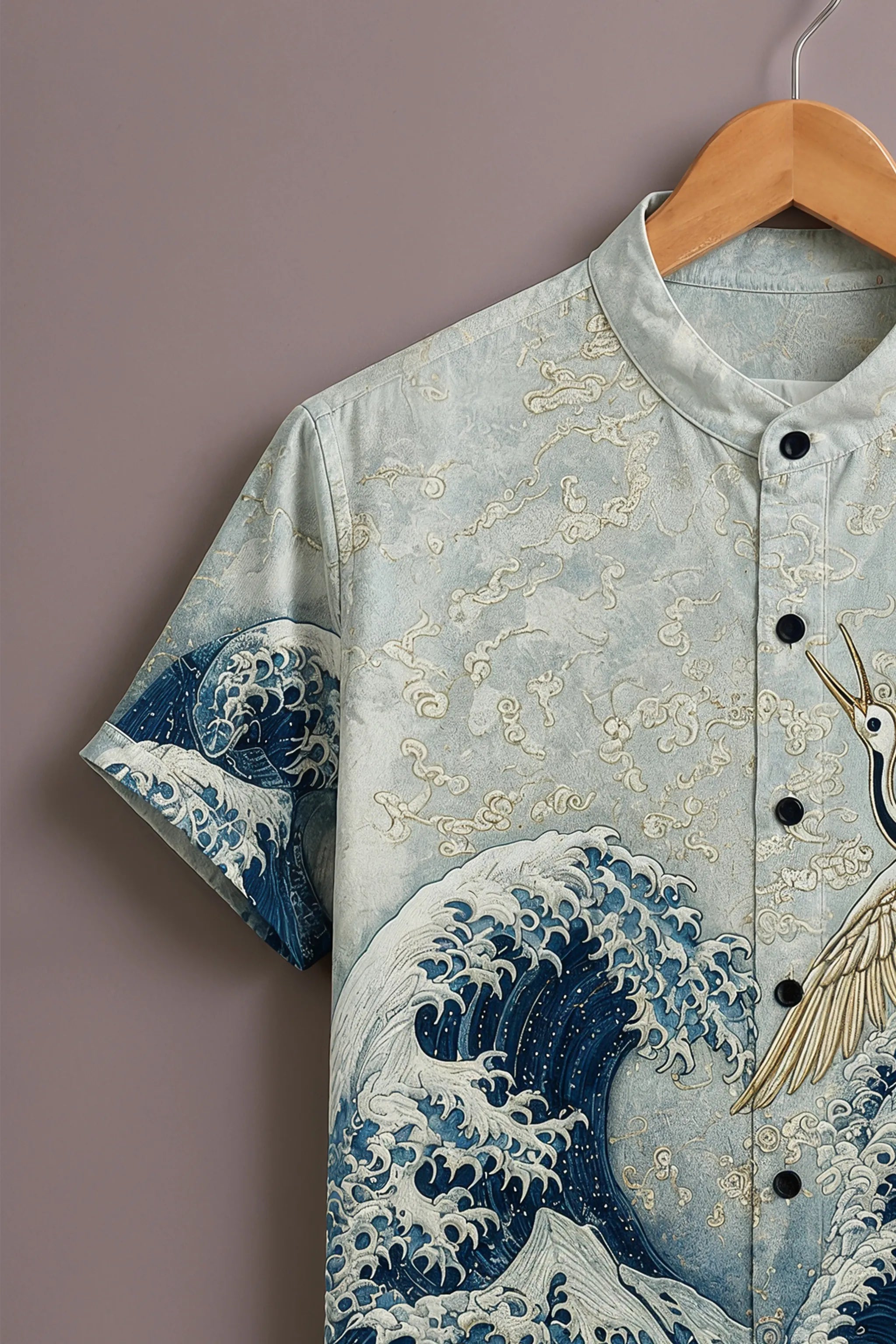 Men's Blue Japanese Wave & Crane Printed Shirt