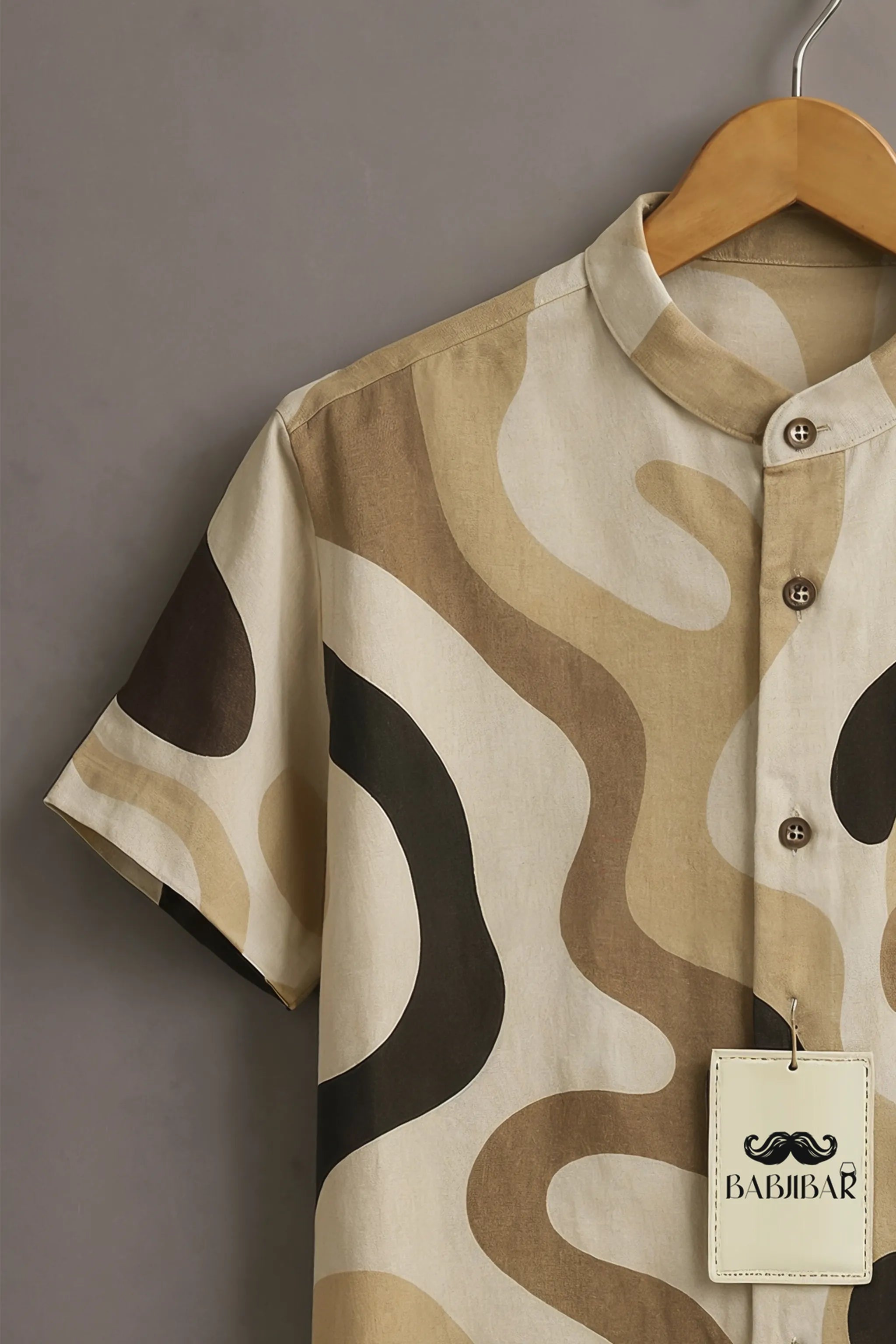 Men’s Abstract Wave Print Mandarin Collar Shirt