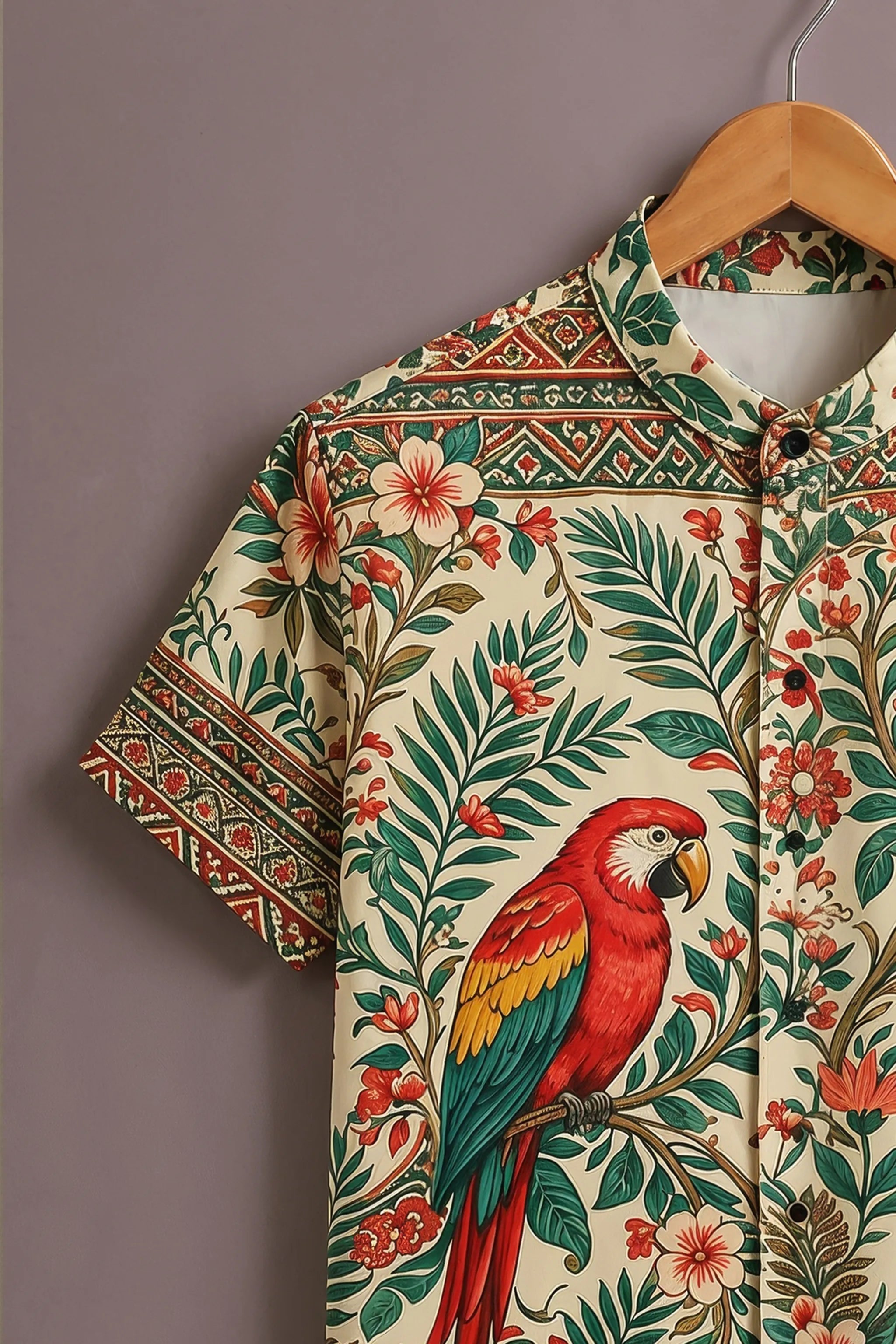 Men's Cream Tropical Parrot Printed Shirt