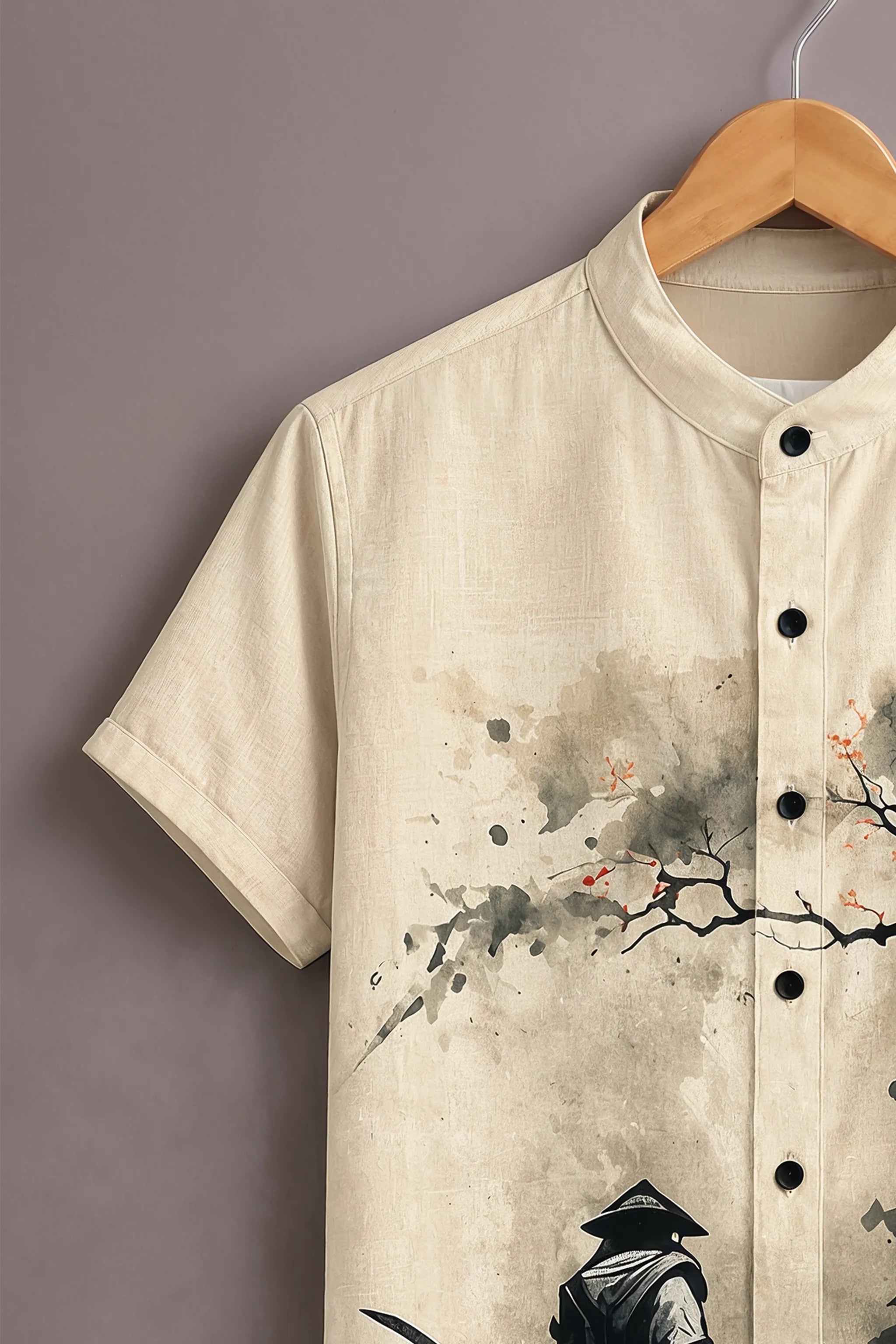 Men's Beige Samurai Ink Art Printed Shirt