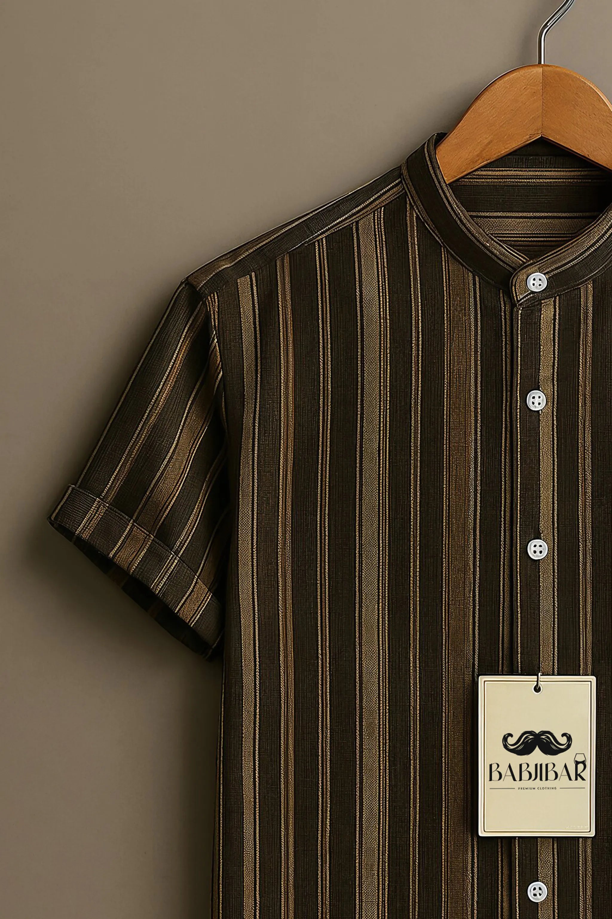 Vintage Olive Brown Striped Short Sleeve Shirt