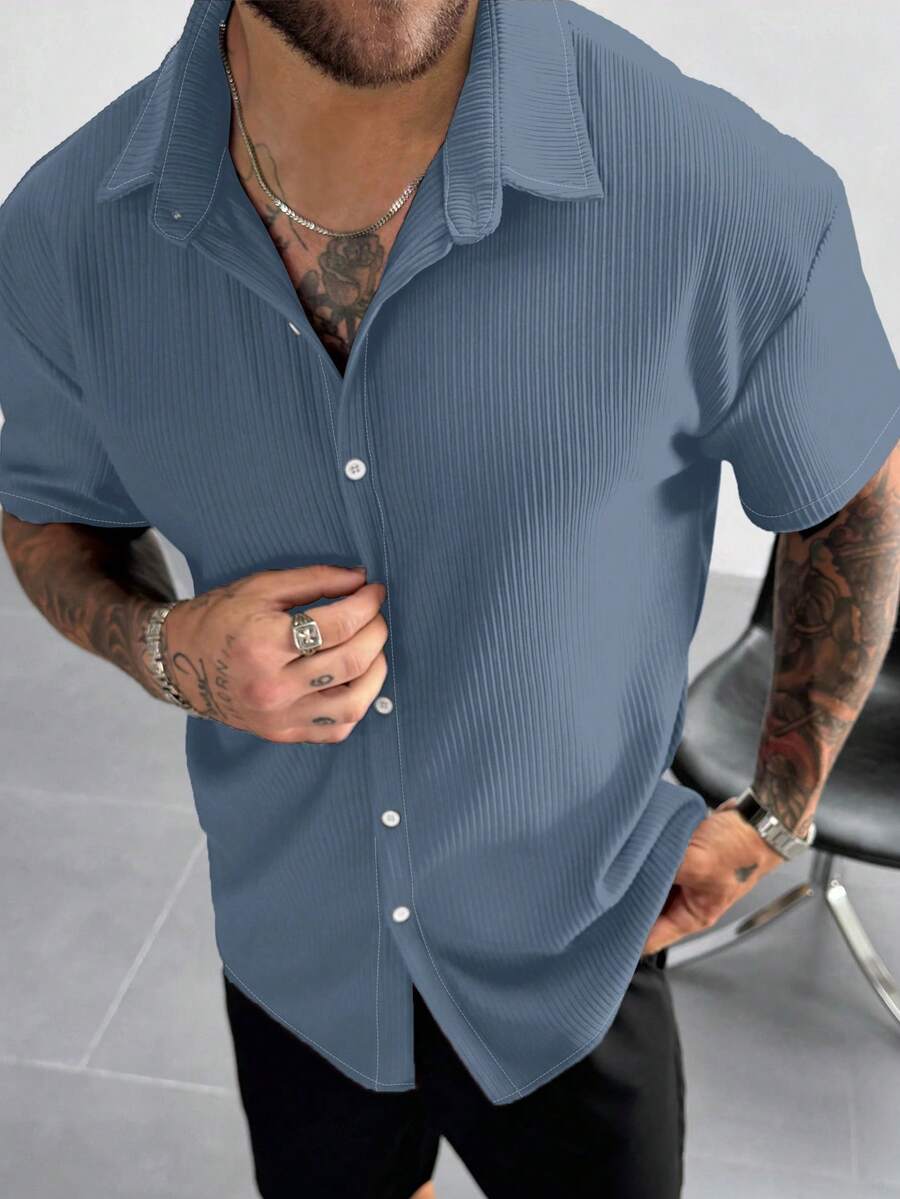 Men’s Ribbed Texture Half Sleeve Shirt – Ocean Blue