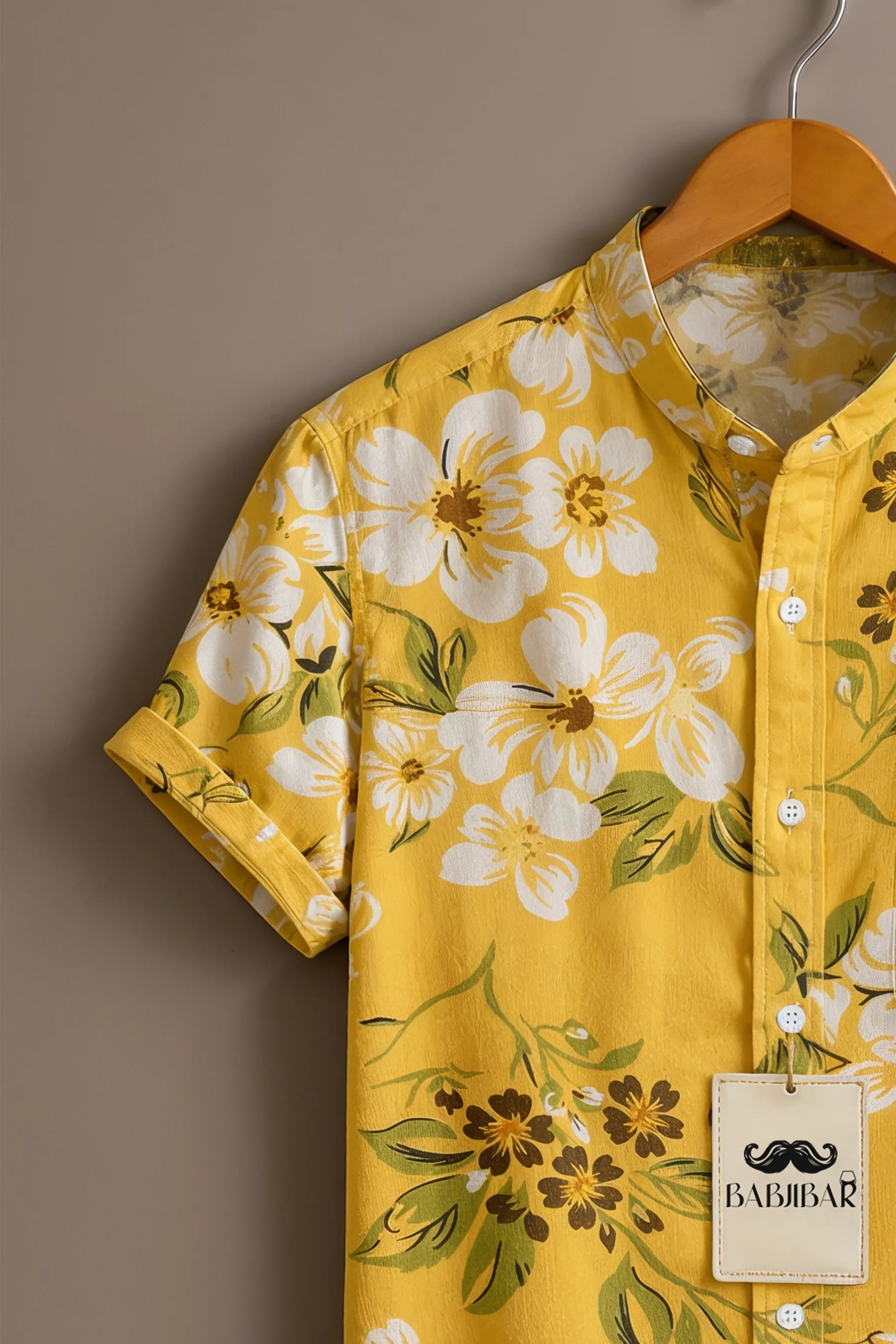 Men’s Yellow Floral Print Mandarin Collar Shirt