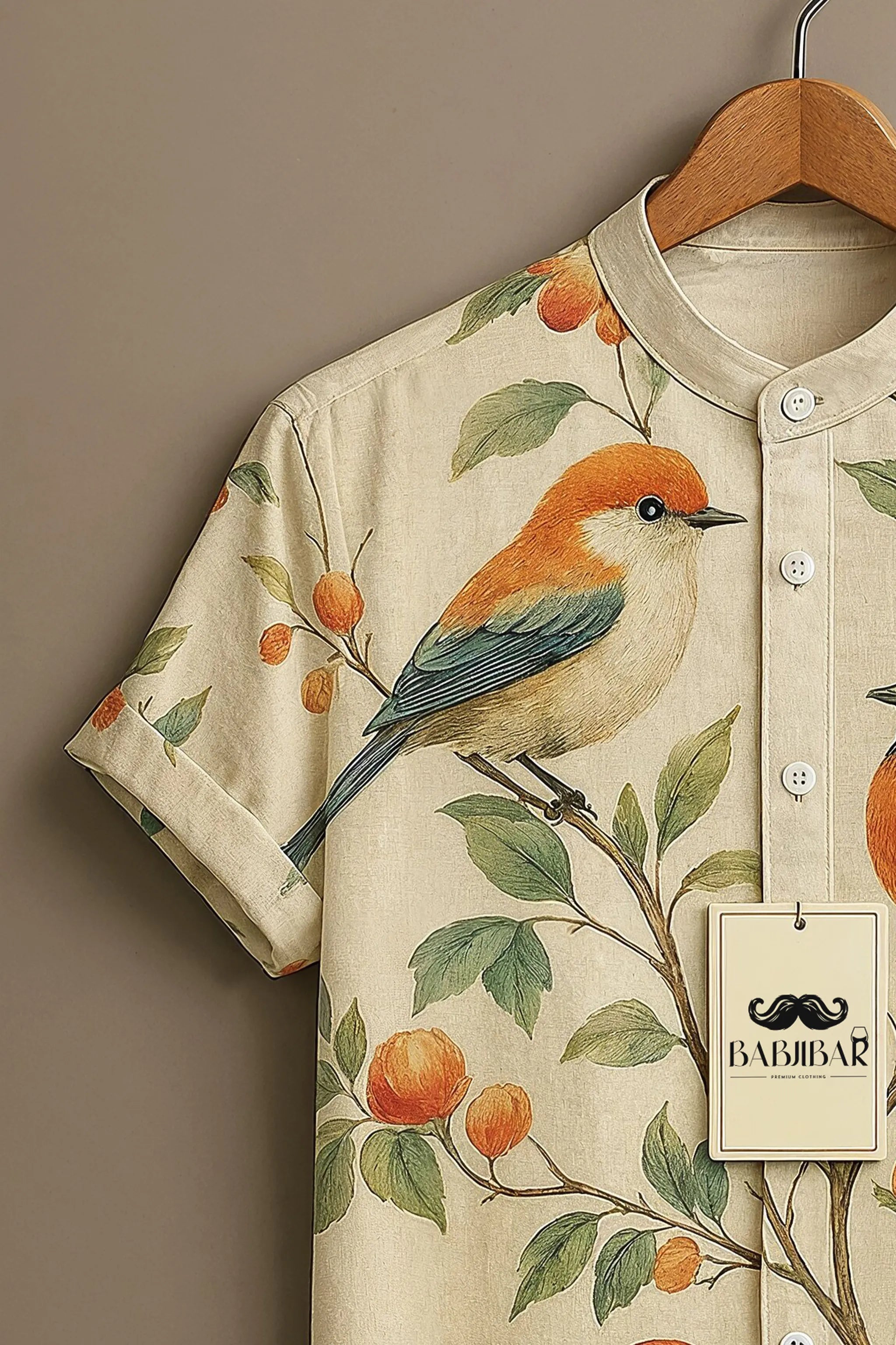 Cream Botanical Birds Printed Short Sleeve Shirt