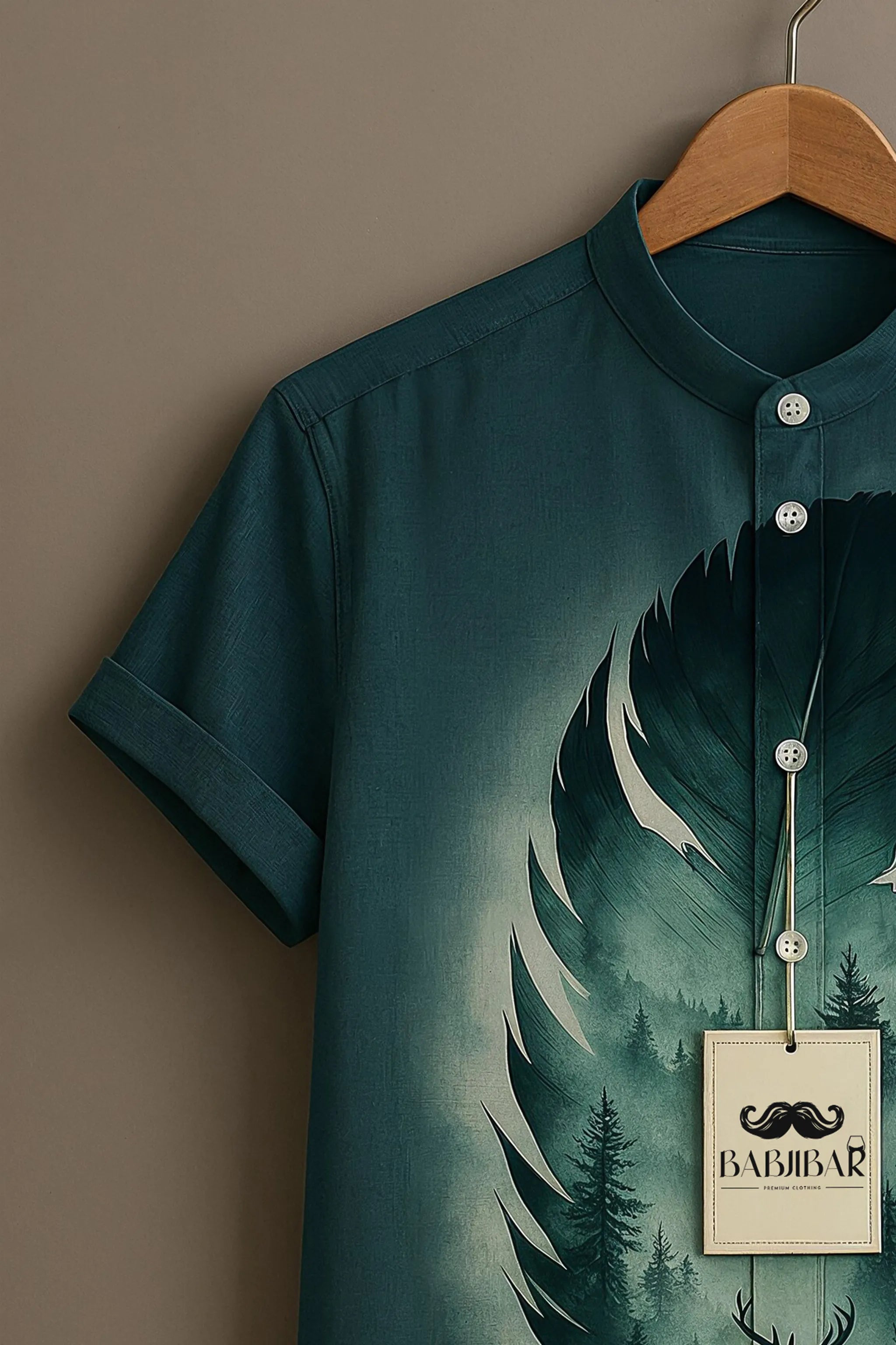 Deep Green Feather Forest Deer Printed Short Sleeve Shirt