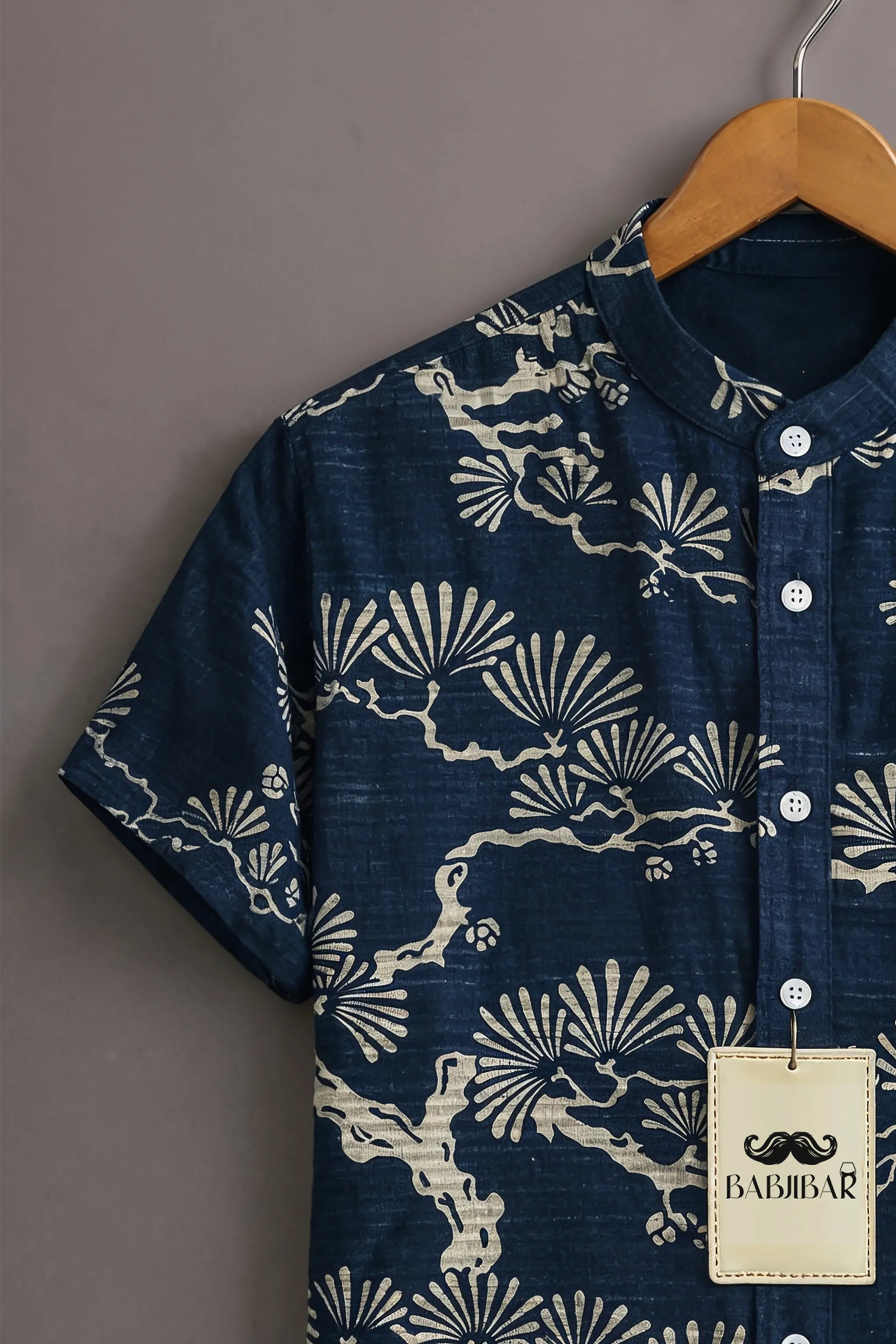 Men’s Navy Heritage Pine Print Mandarin Collar Shirt