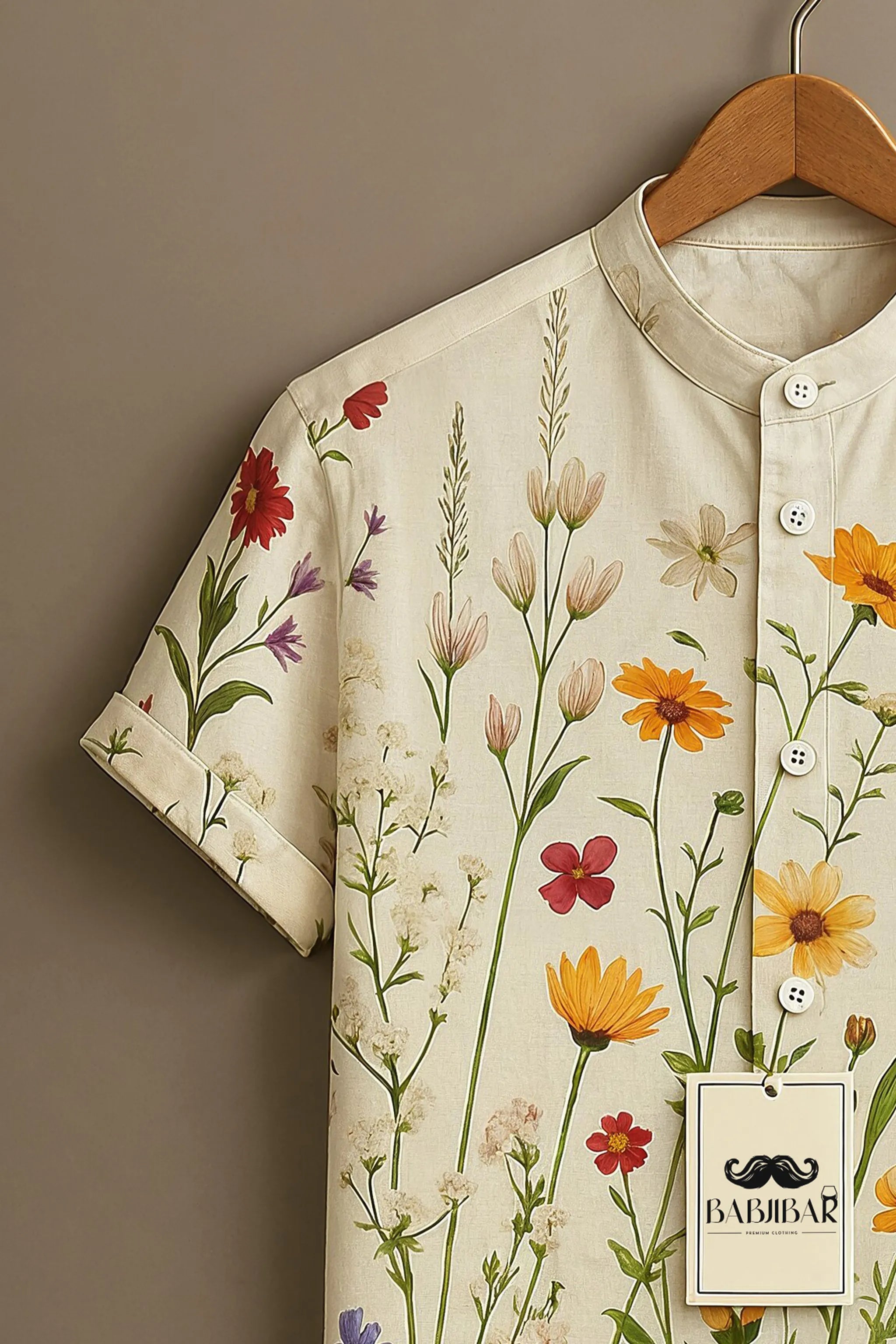 Cream Wildflower Botanical Printed Short Sleeve Shirt